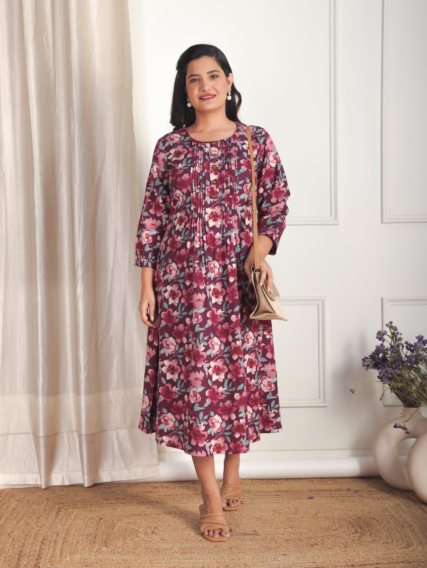 Soft Cotton Floral A-line Purple Dress