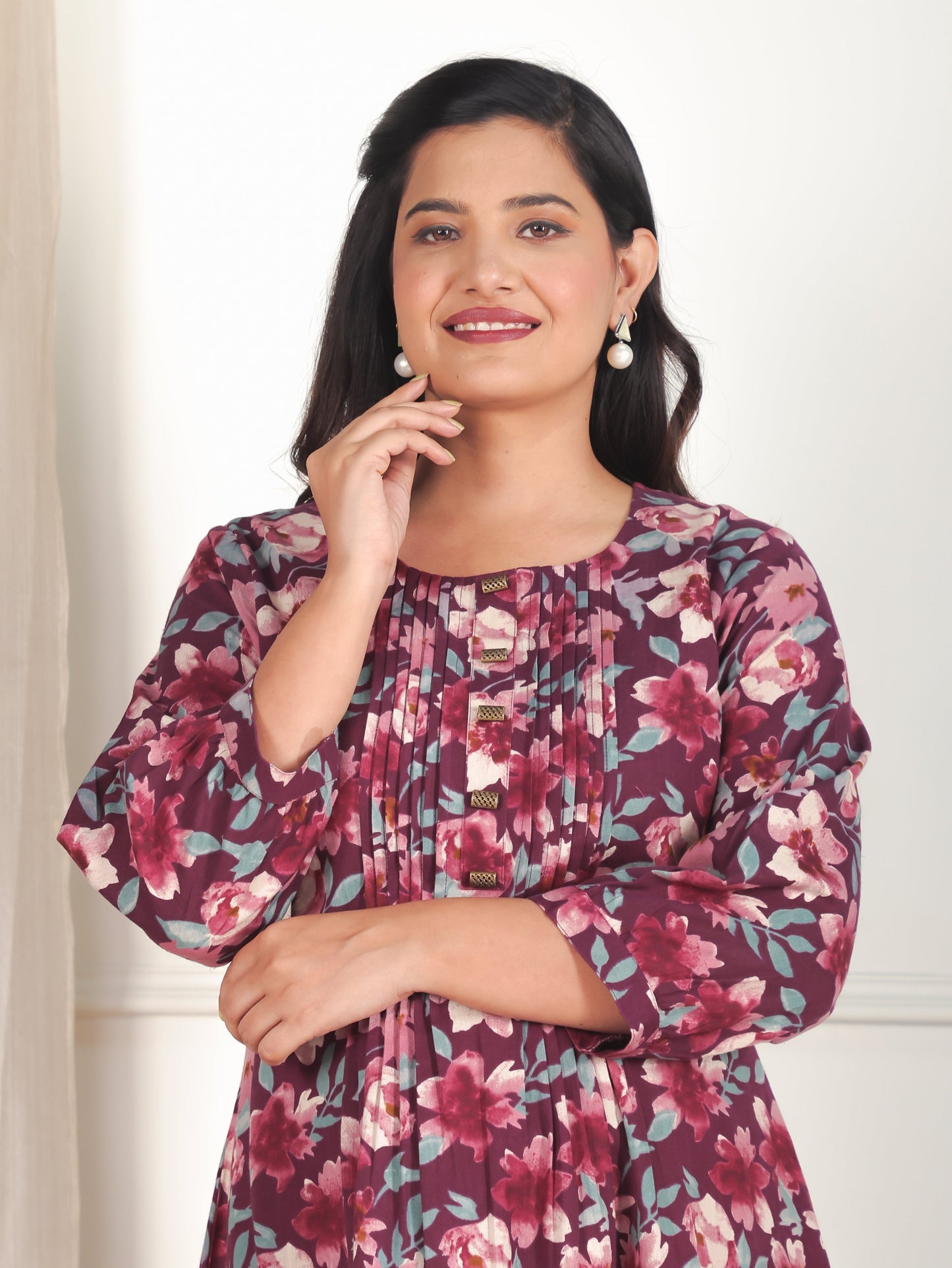Soft Cotton Floral A-line Purple Dress