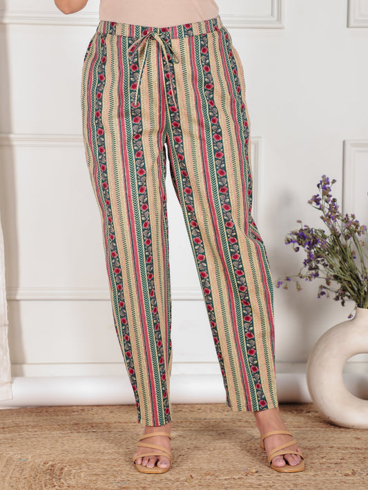 Soft Cotton Striped Green Tapered Trousers