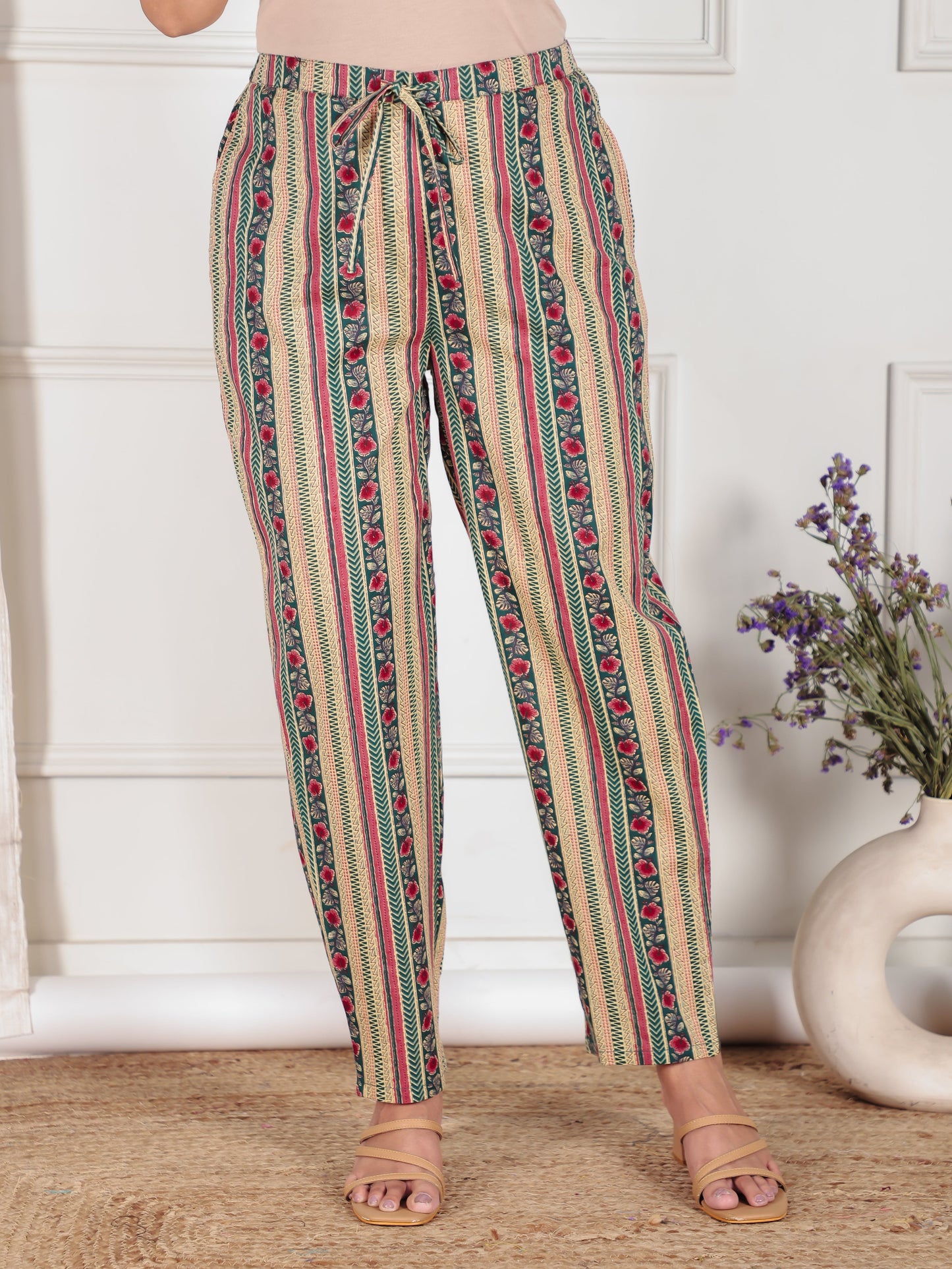 Soft Cotton Striped Green Tapered Trousers