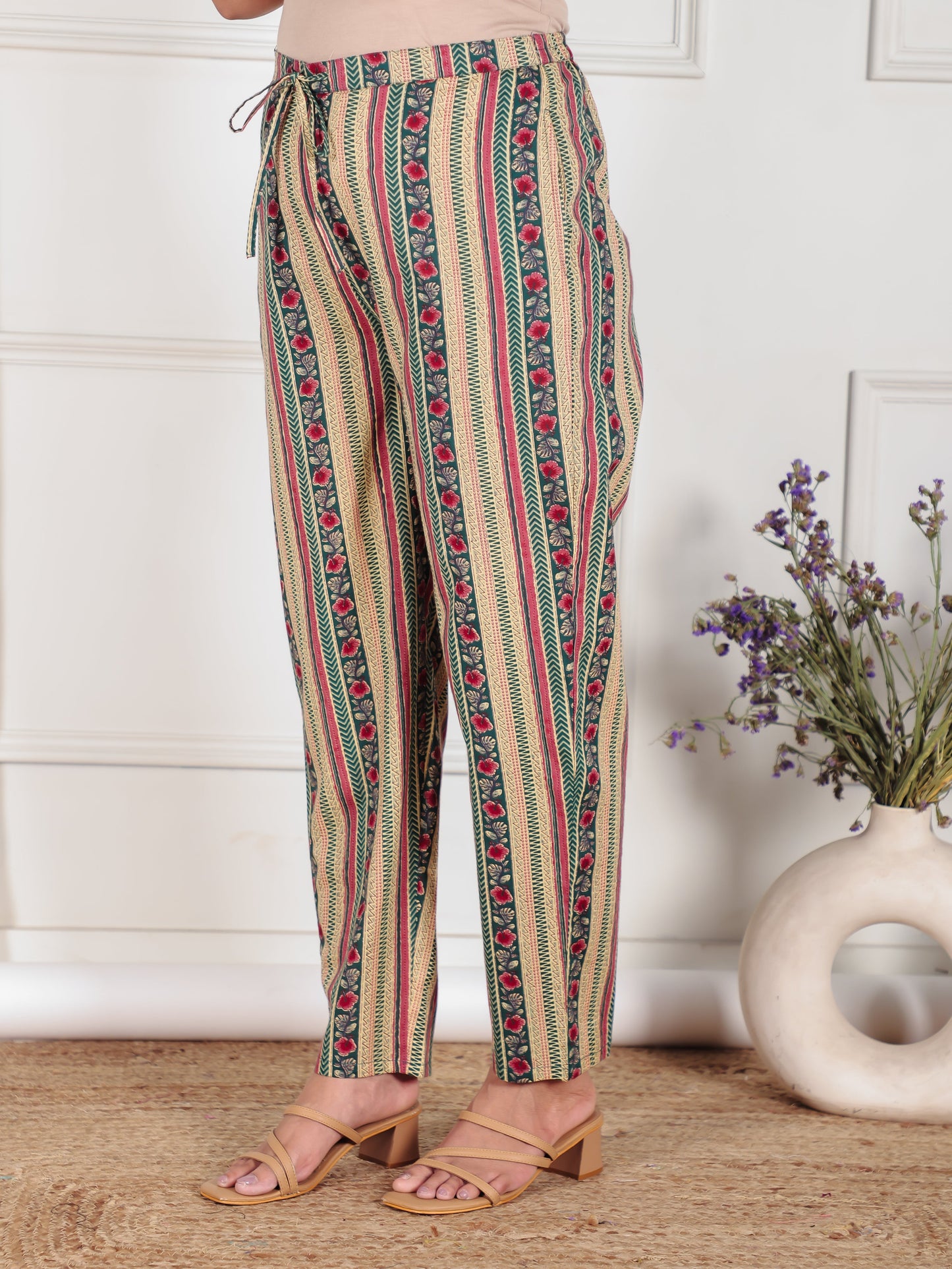 Soft Cotton Striped Green Tapered Trousers