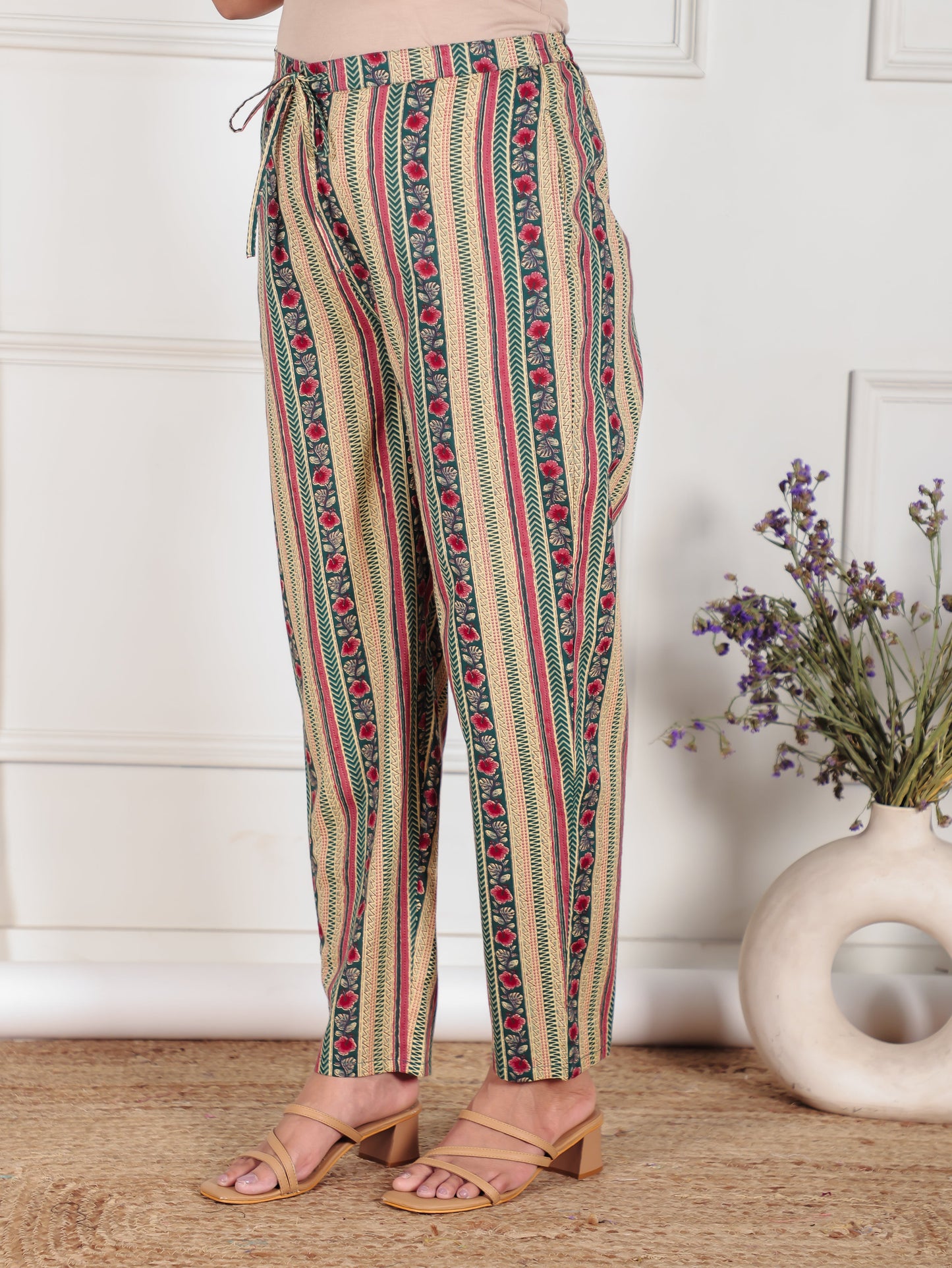 Soft Cotton Striped Green Tapered Trousers