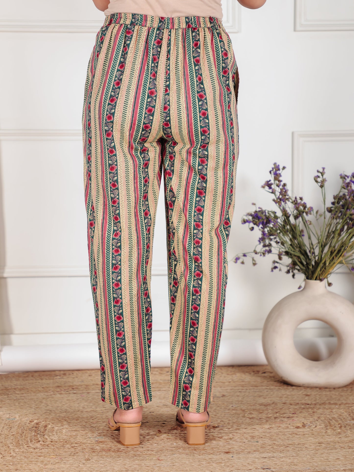 Soft Cotton Striped Green Tapered Trousers