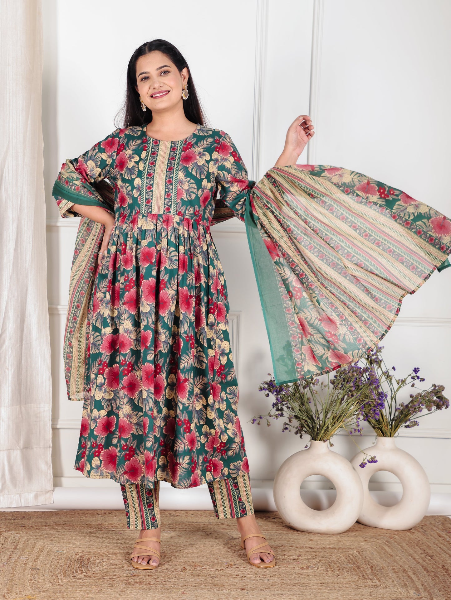Cotton Voile Striped Green Dupatta