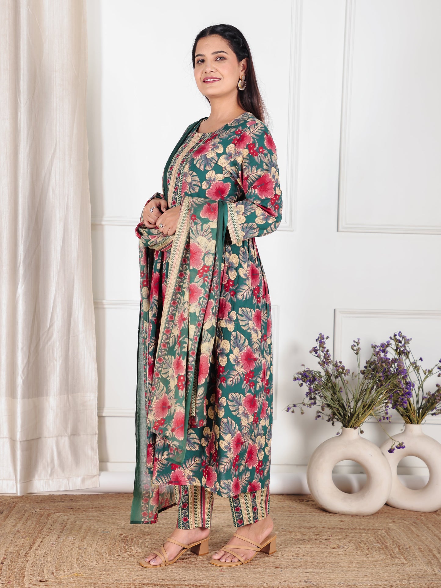 Soft Cotton Floral Flared Green Kurta