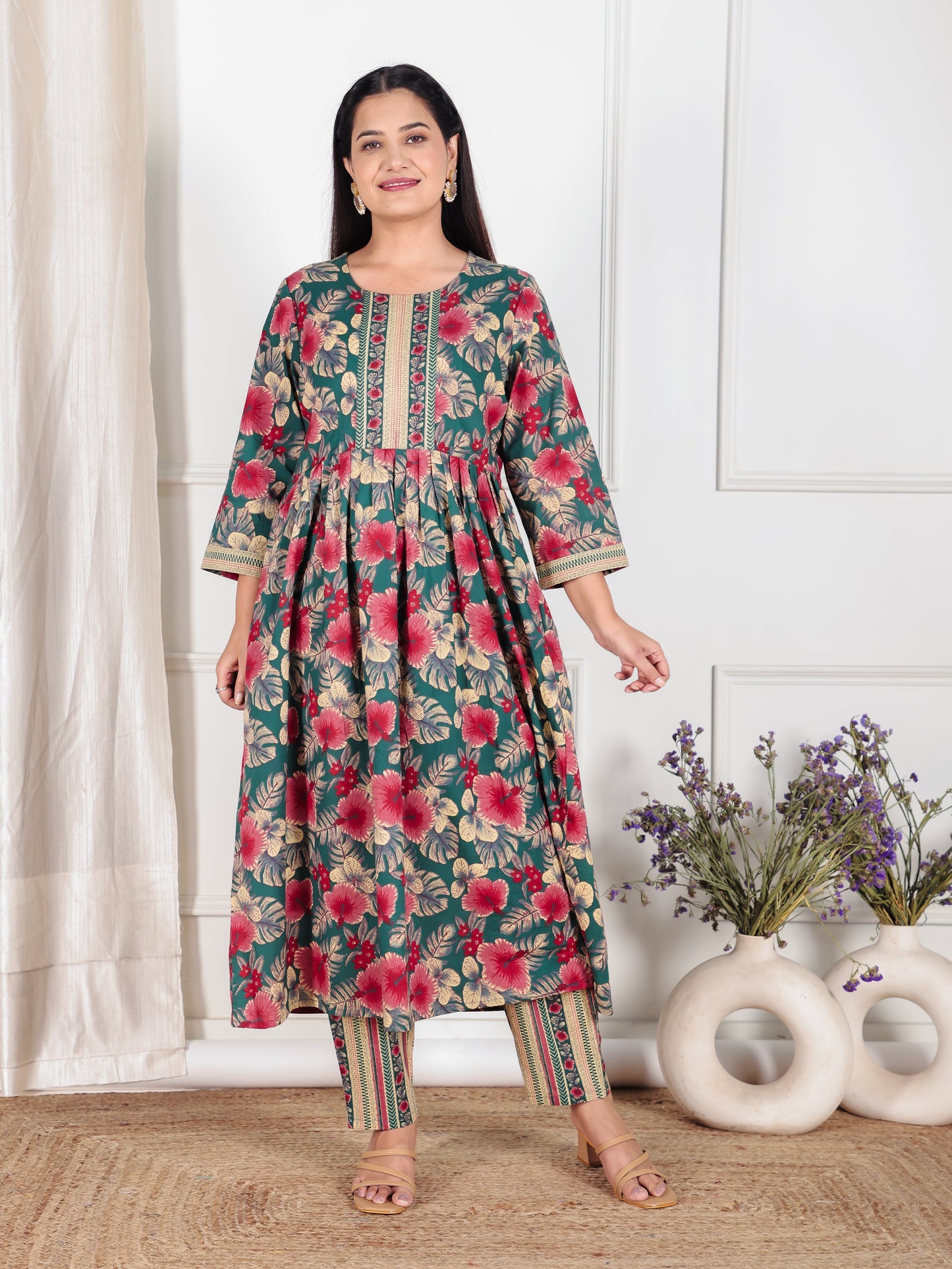 Soft Cotton Floral Flared Green Kurta