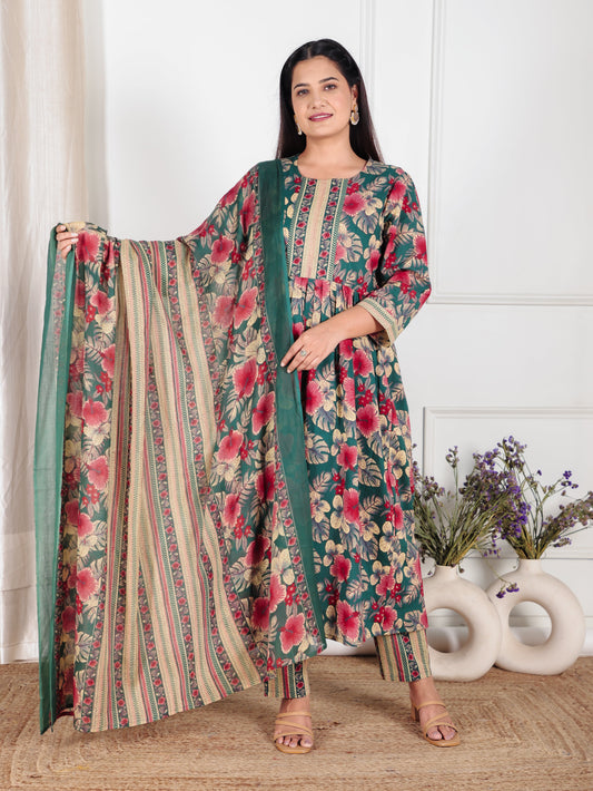 Soft Cotton Floral Flared Green Kurta