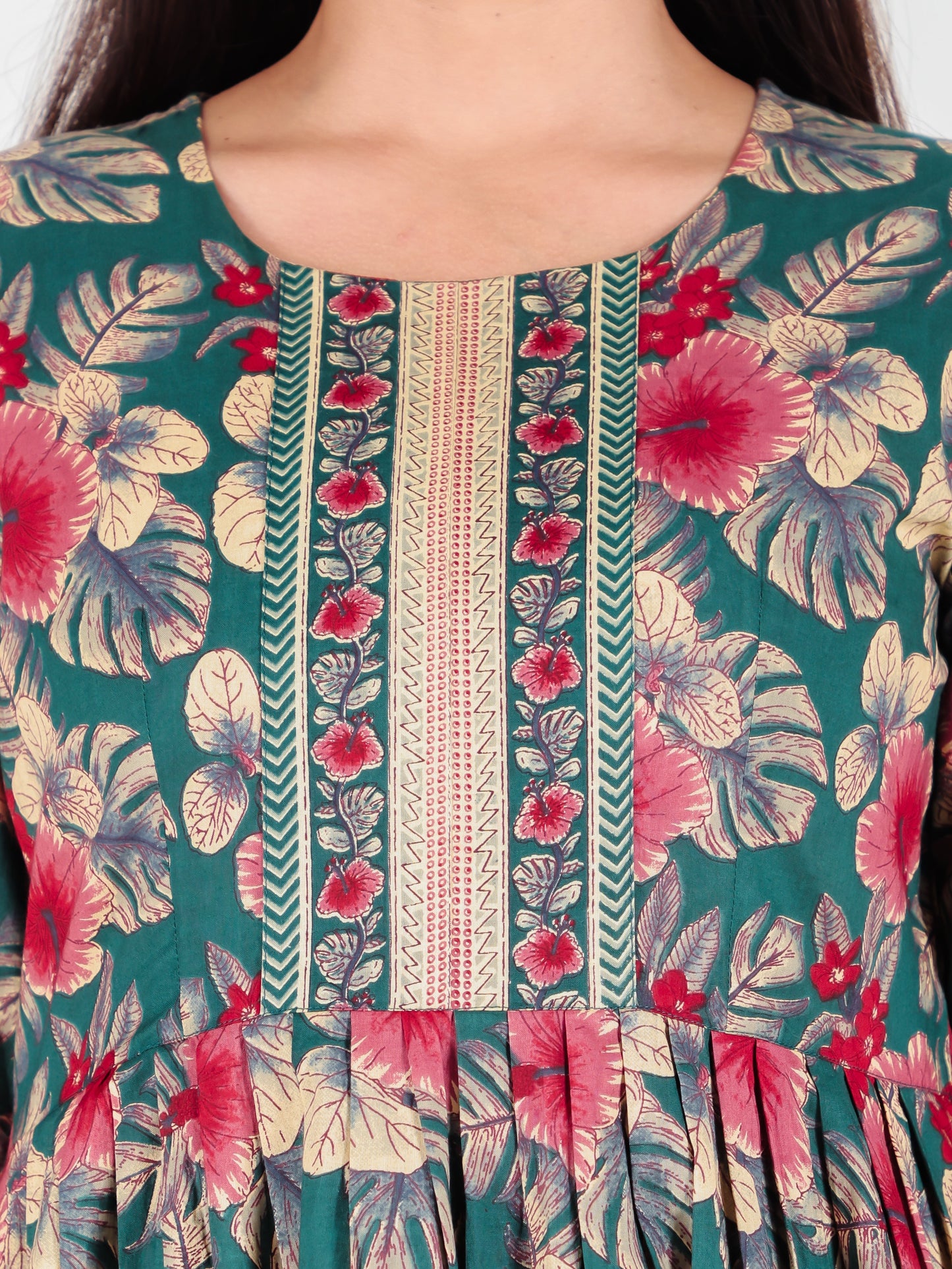 Soft Cotton Floral Flared Green Kurta