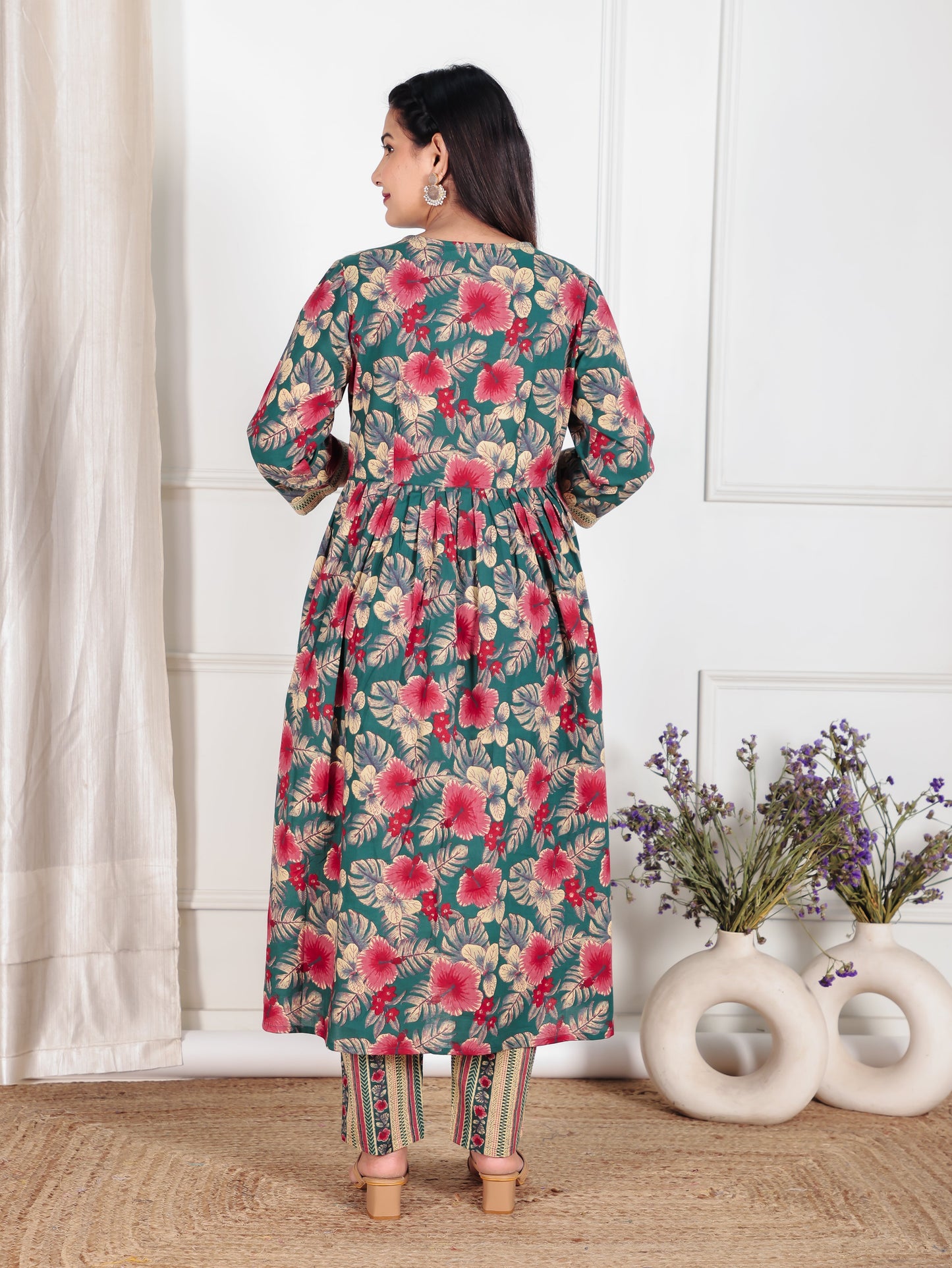 Soft Cotton Floral Flared Green Kurta