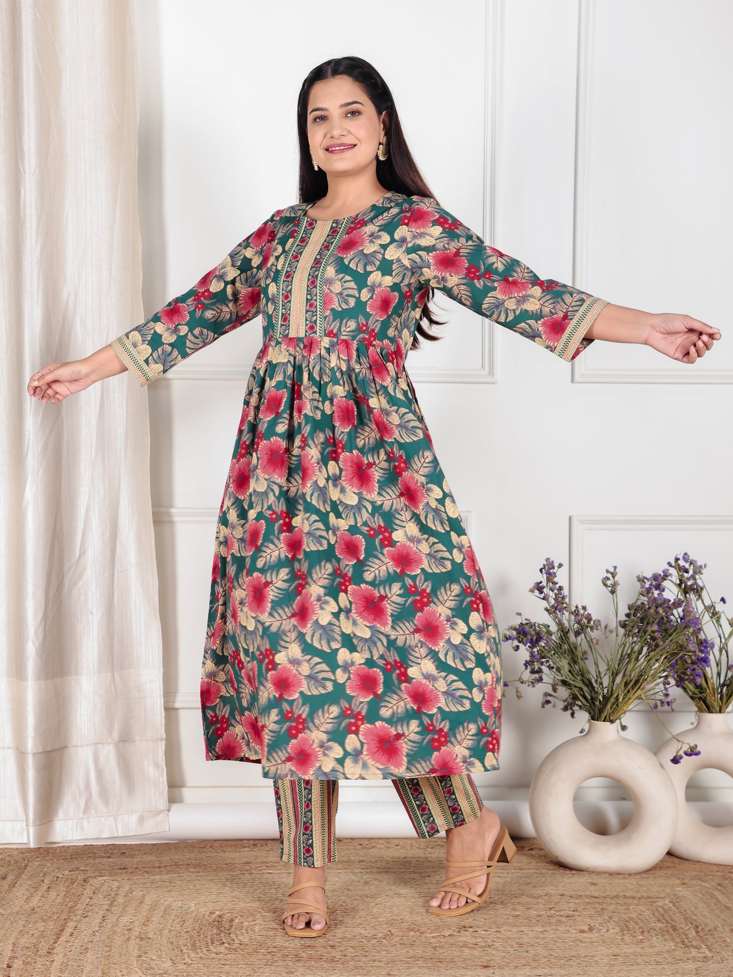 Soft Cotton Floral Flared Green Kurta