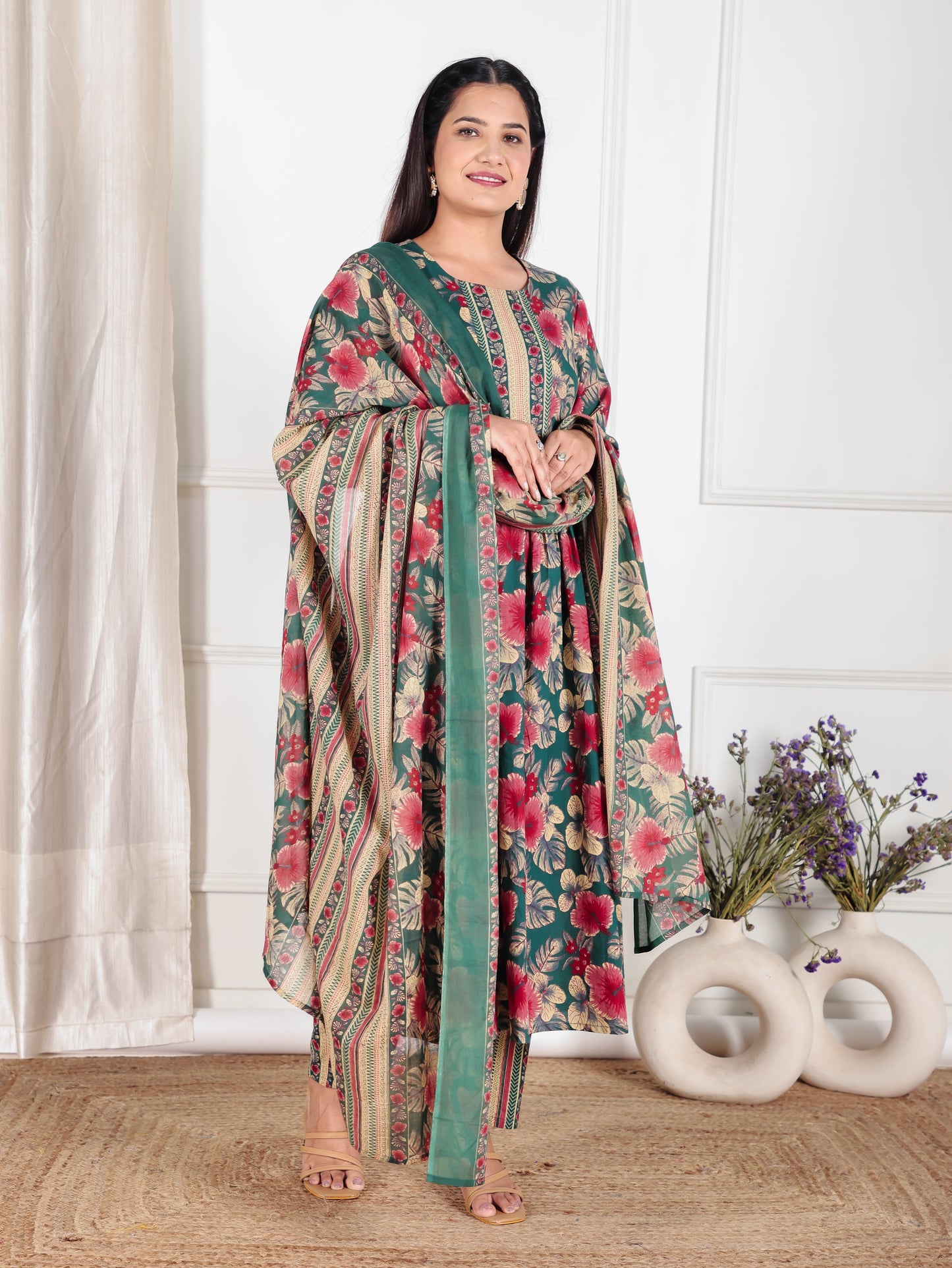 Soft Cotton Floral Flared Green Kurta