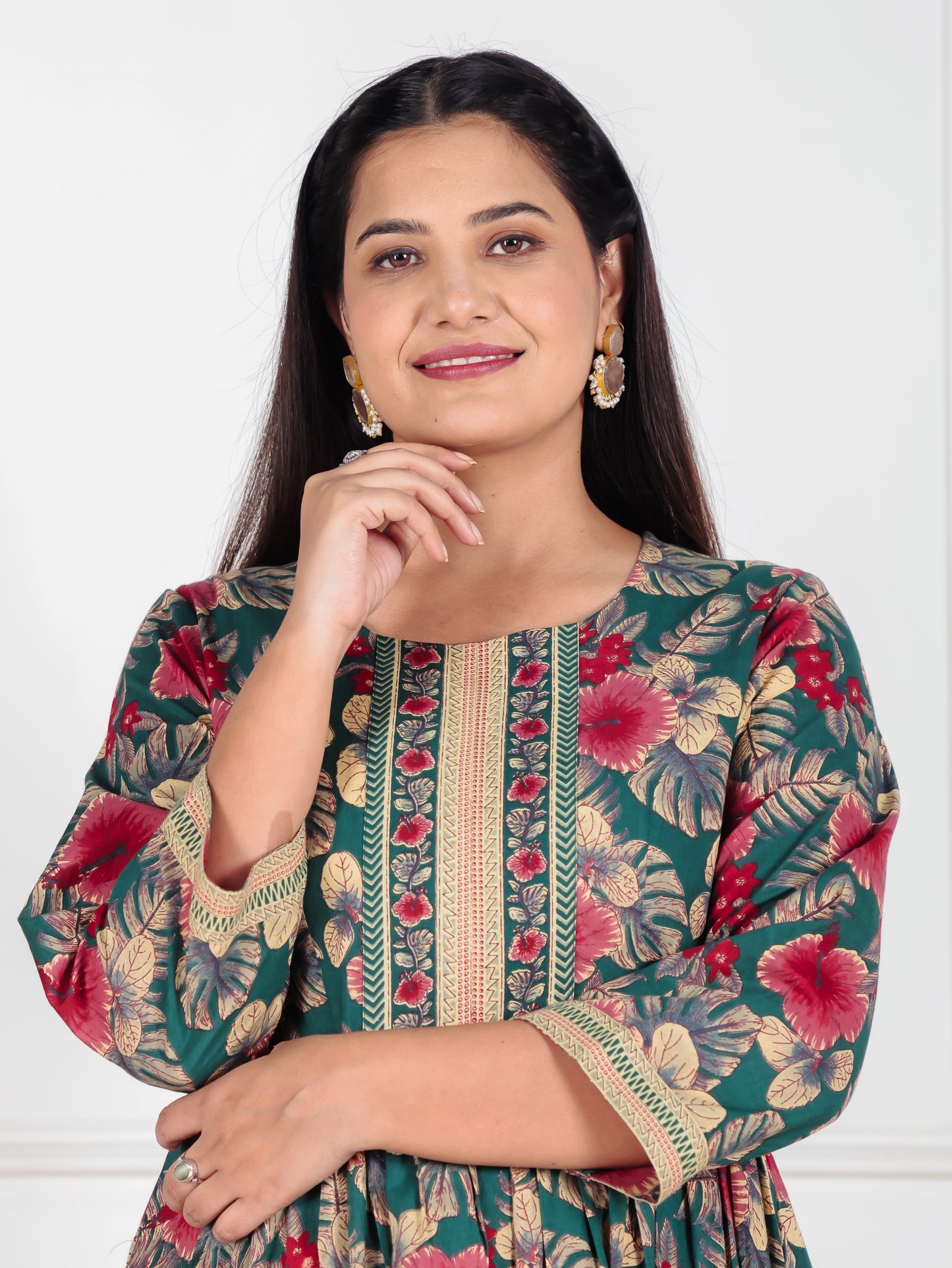 Soft Cotton Floral Flared Green Kurta