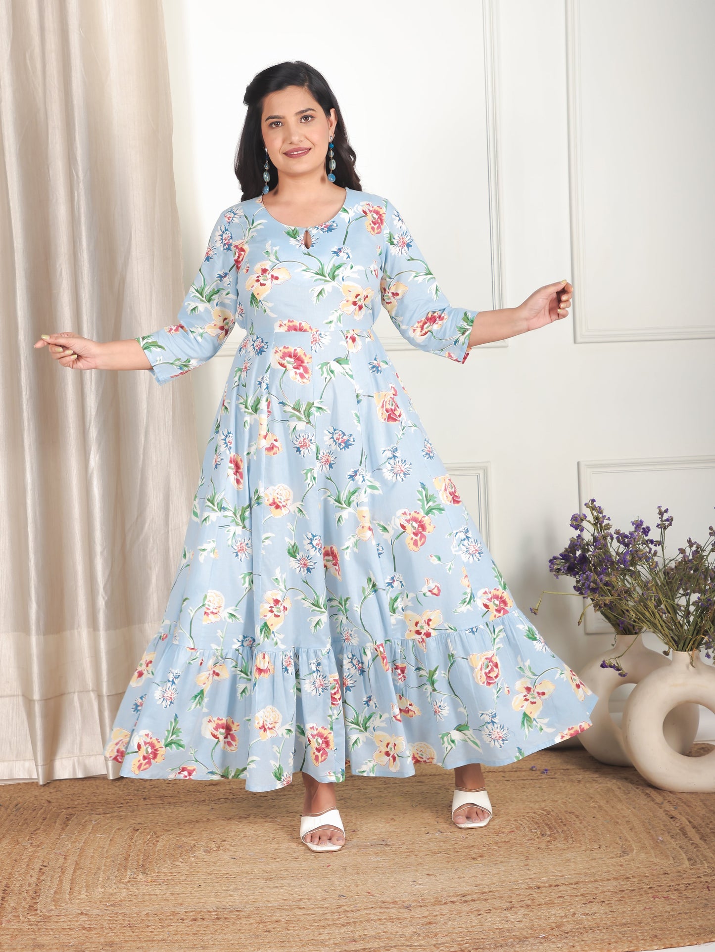 Soft Cotton Floral Anarkali Blue Dress