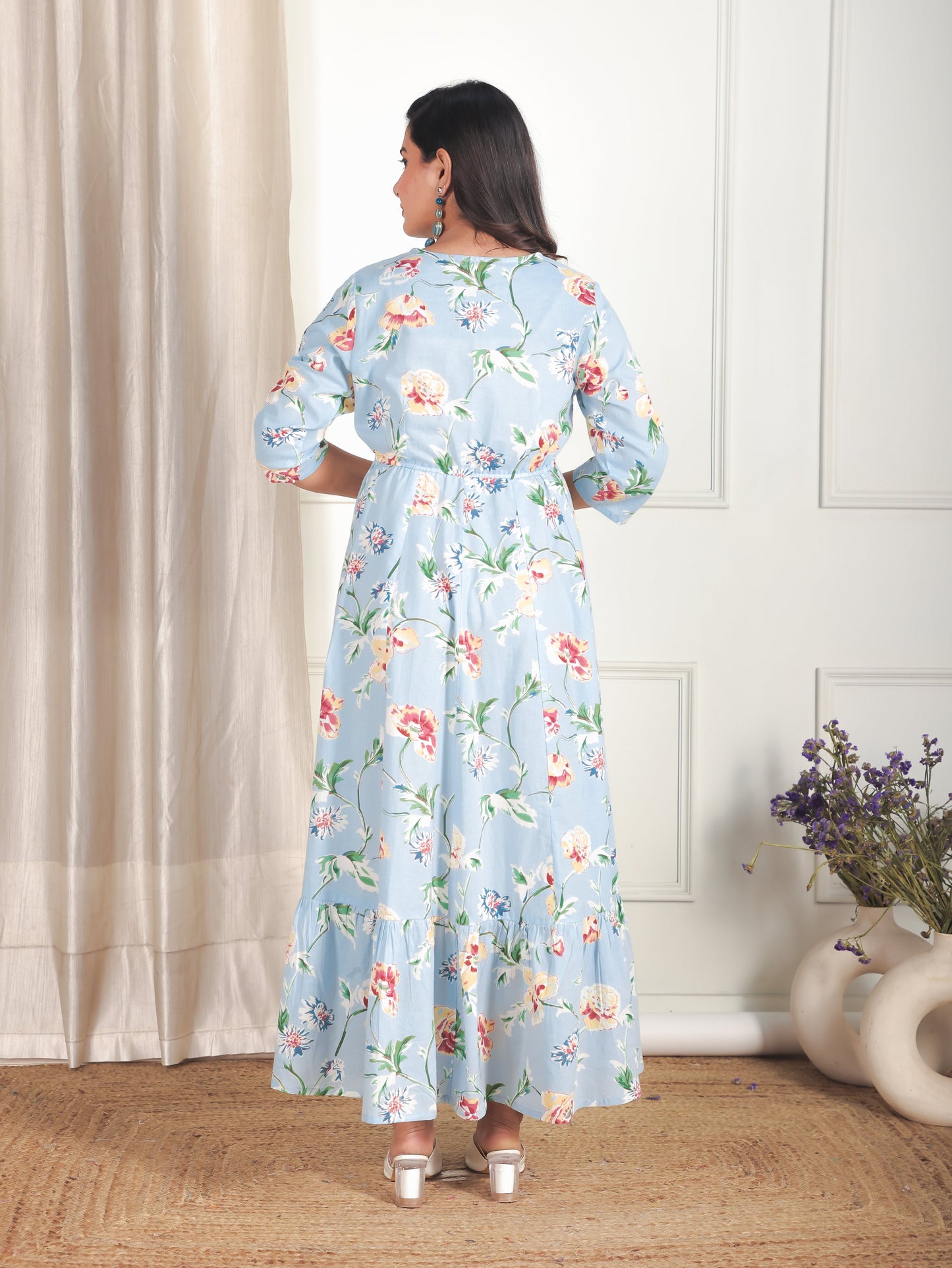 Soft Cotton Floral Anarkali Blue Dress