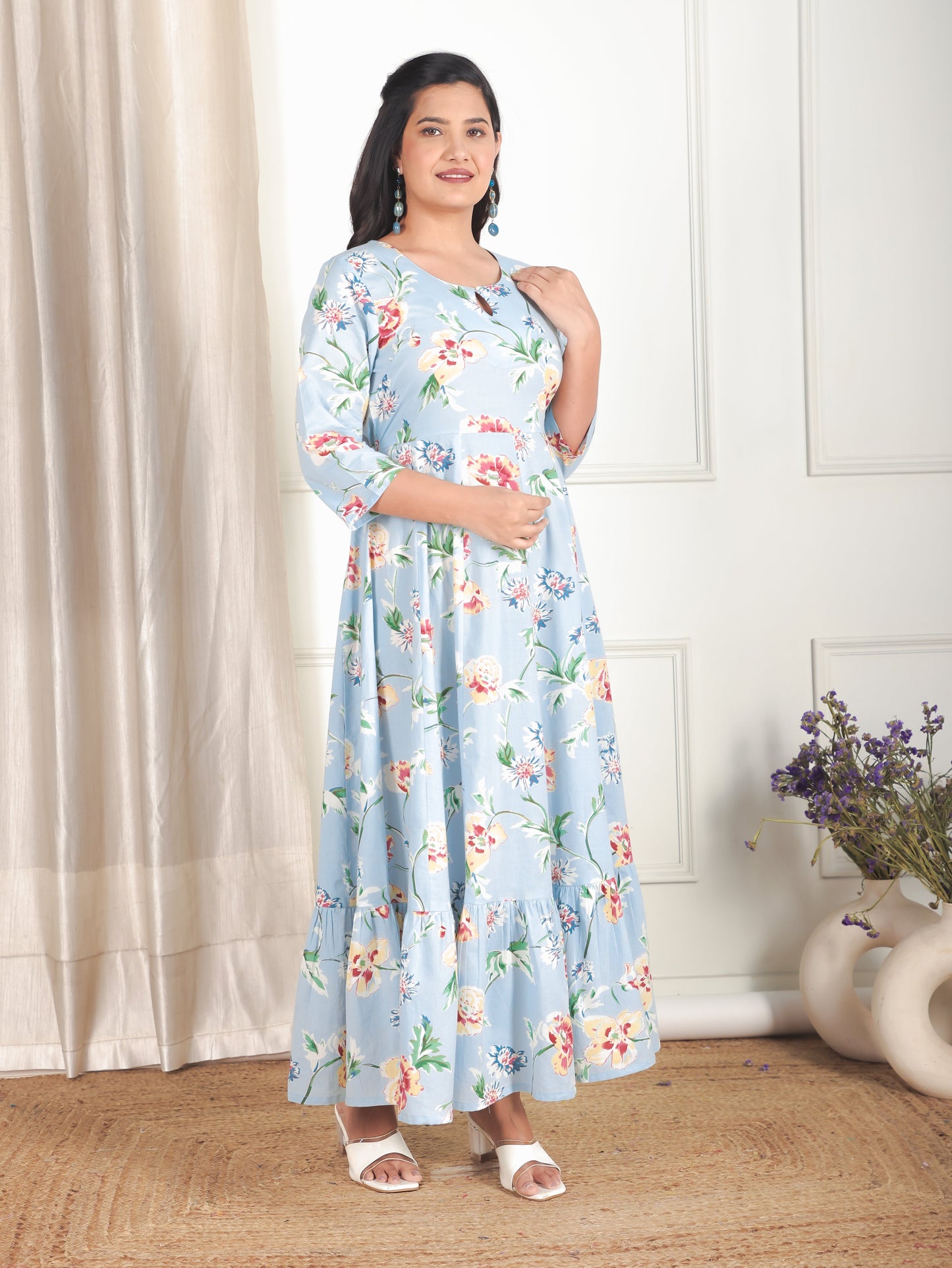 Soft Cotton Floral Anarkali Blue Dress