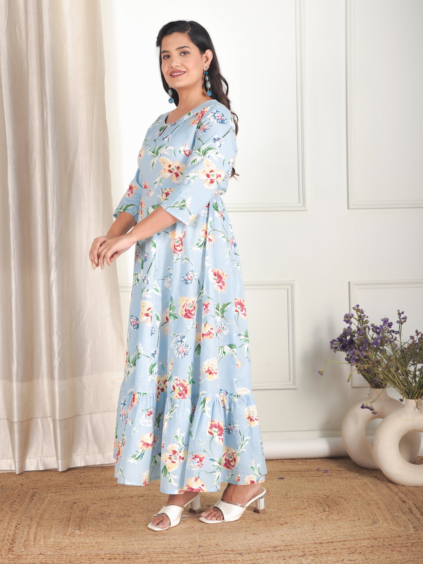 Soft Cotton Floral Anarkali Blue Dress