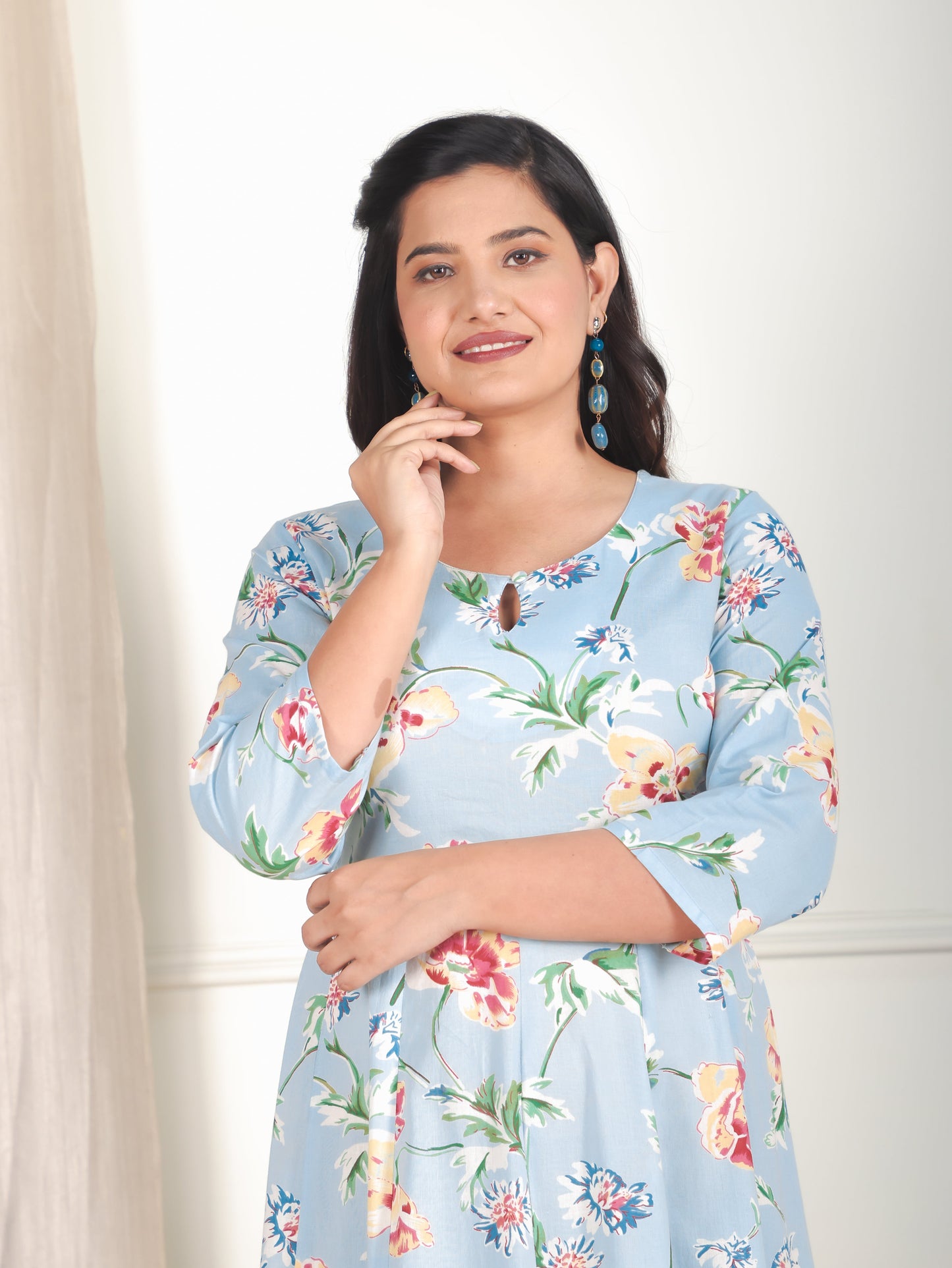 Soft Cotton Floral Anarkali Blue Dress