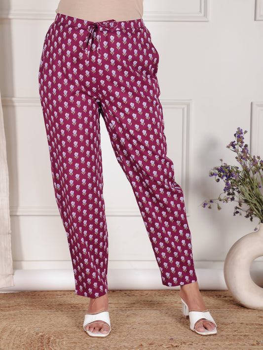 Soft Cotton Floral Wine Tapered Trousers