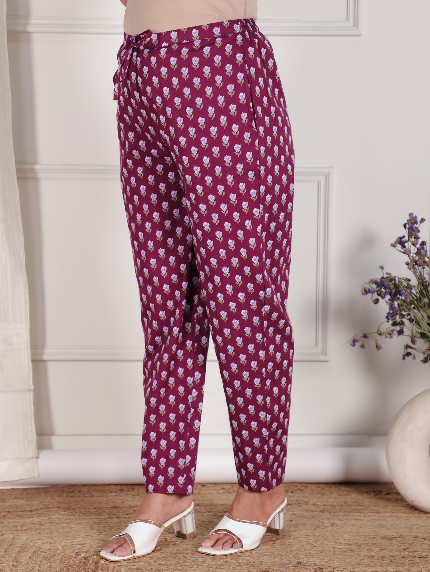 Soft Cotton Floral Wine Tapered Trousers