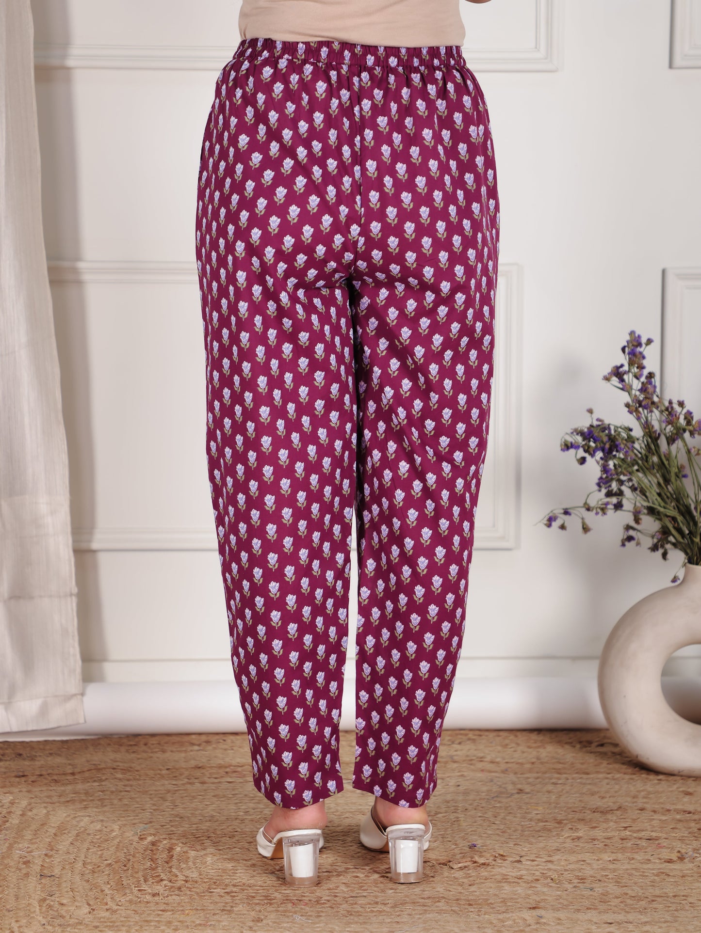 Soft Cotton Floral Wine Tapered Trousers