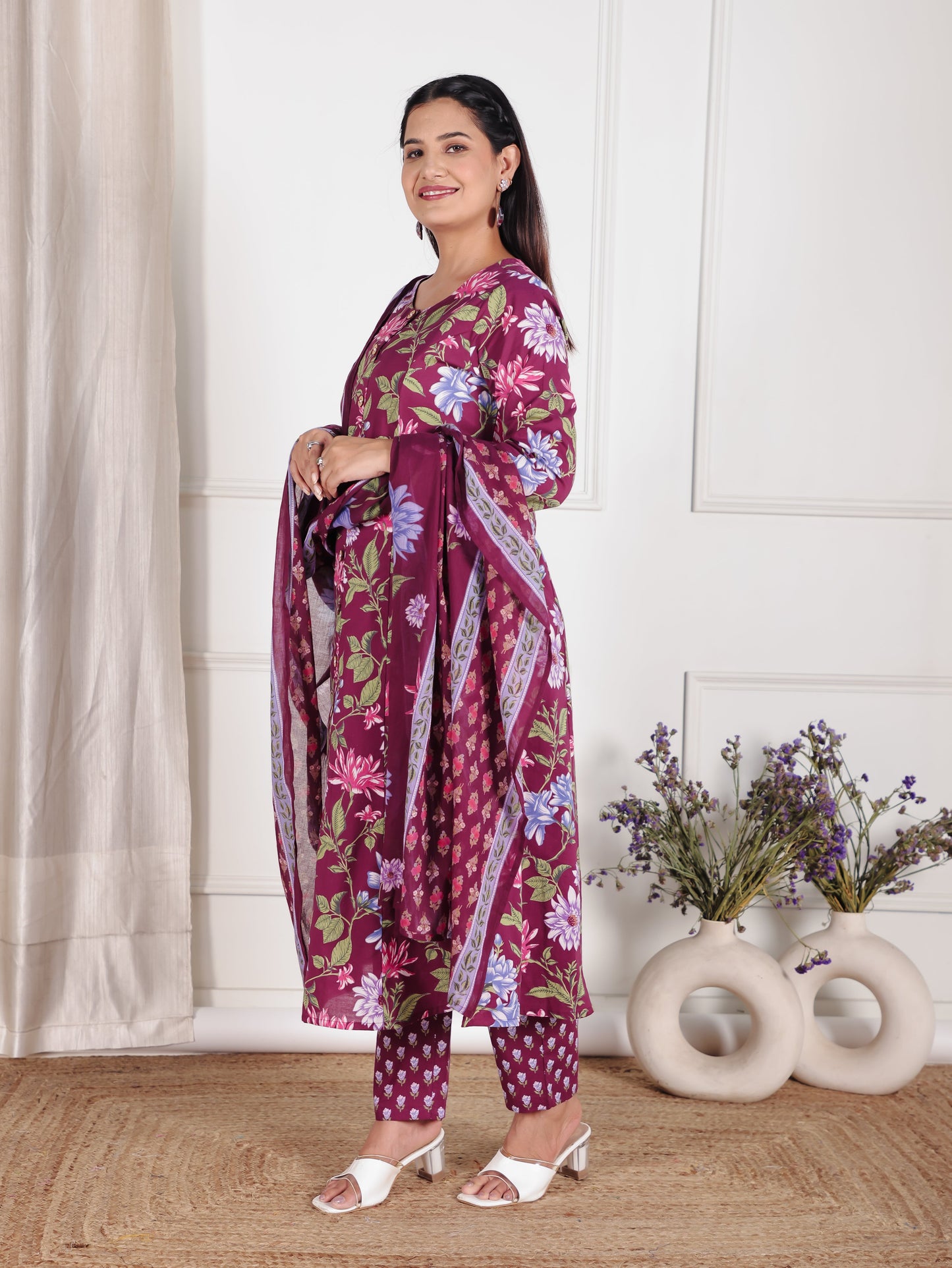 Soft Cotton Floral A-line Wine Kurta