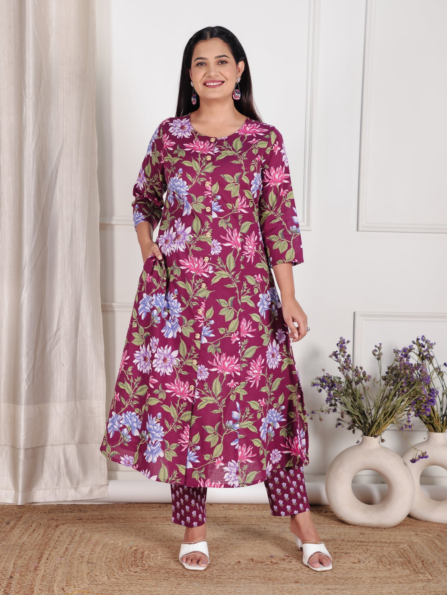 Soft Cotton Floral A-line Wine Kurta