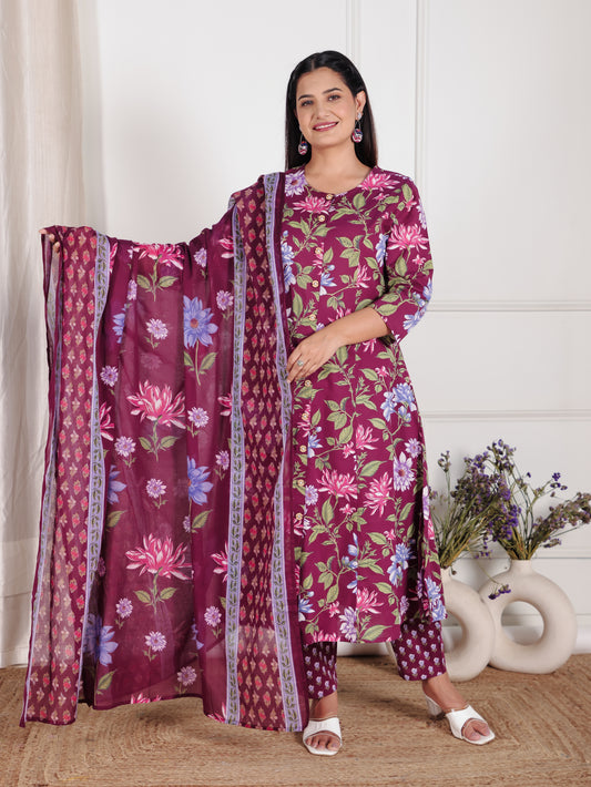 Soft Cotton Floral A-line Wine Kurta