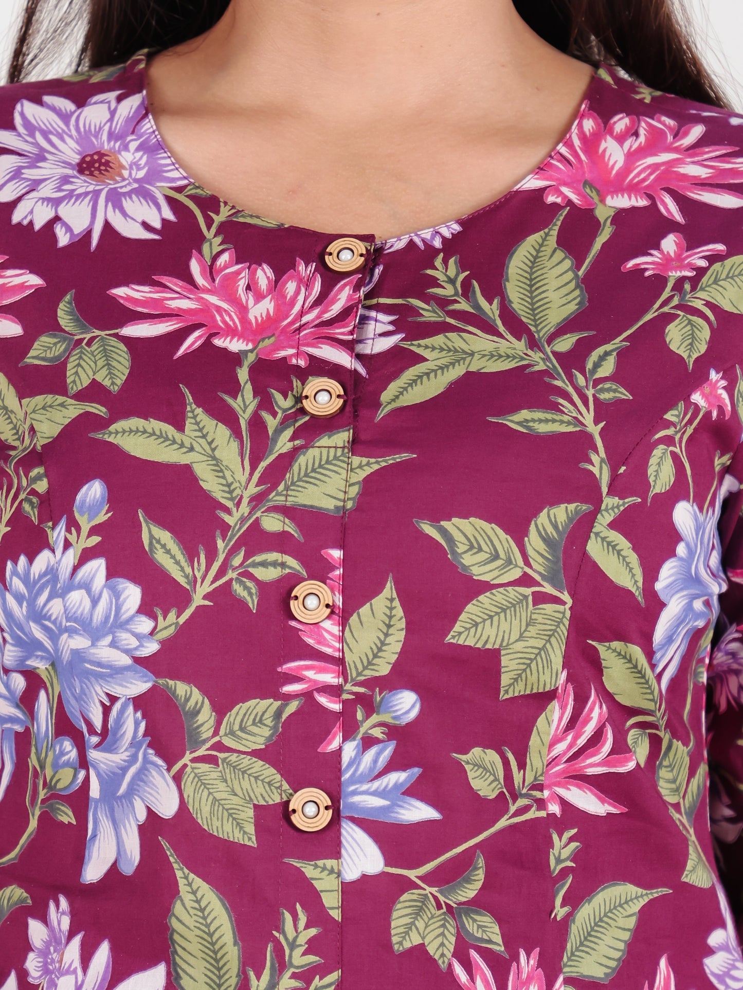 Soft Cotton Floral A-line Wine Kurta