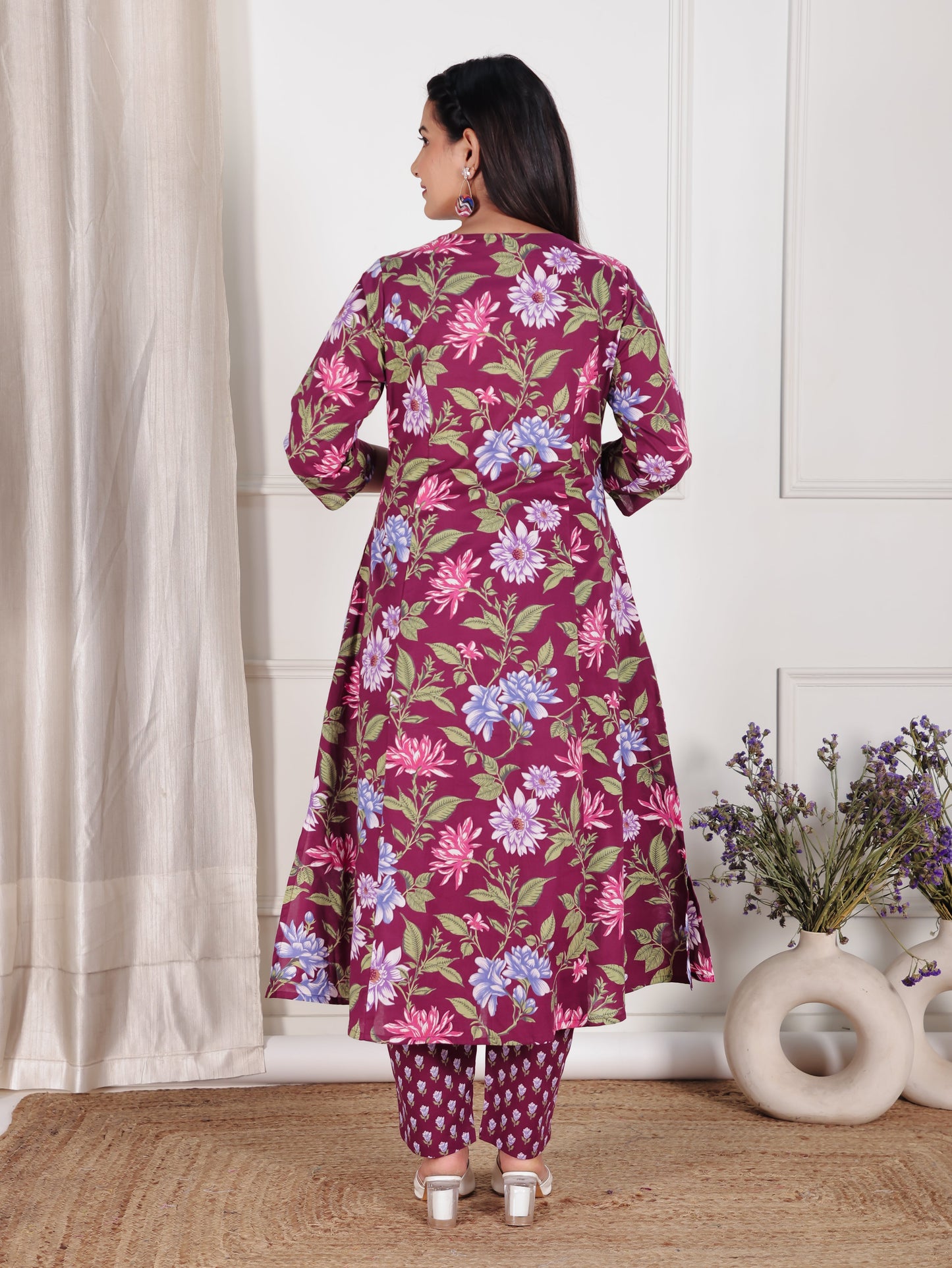 Soft Cotton Floral A-line Wine Kurta