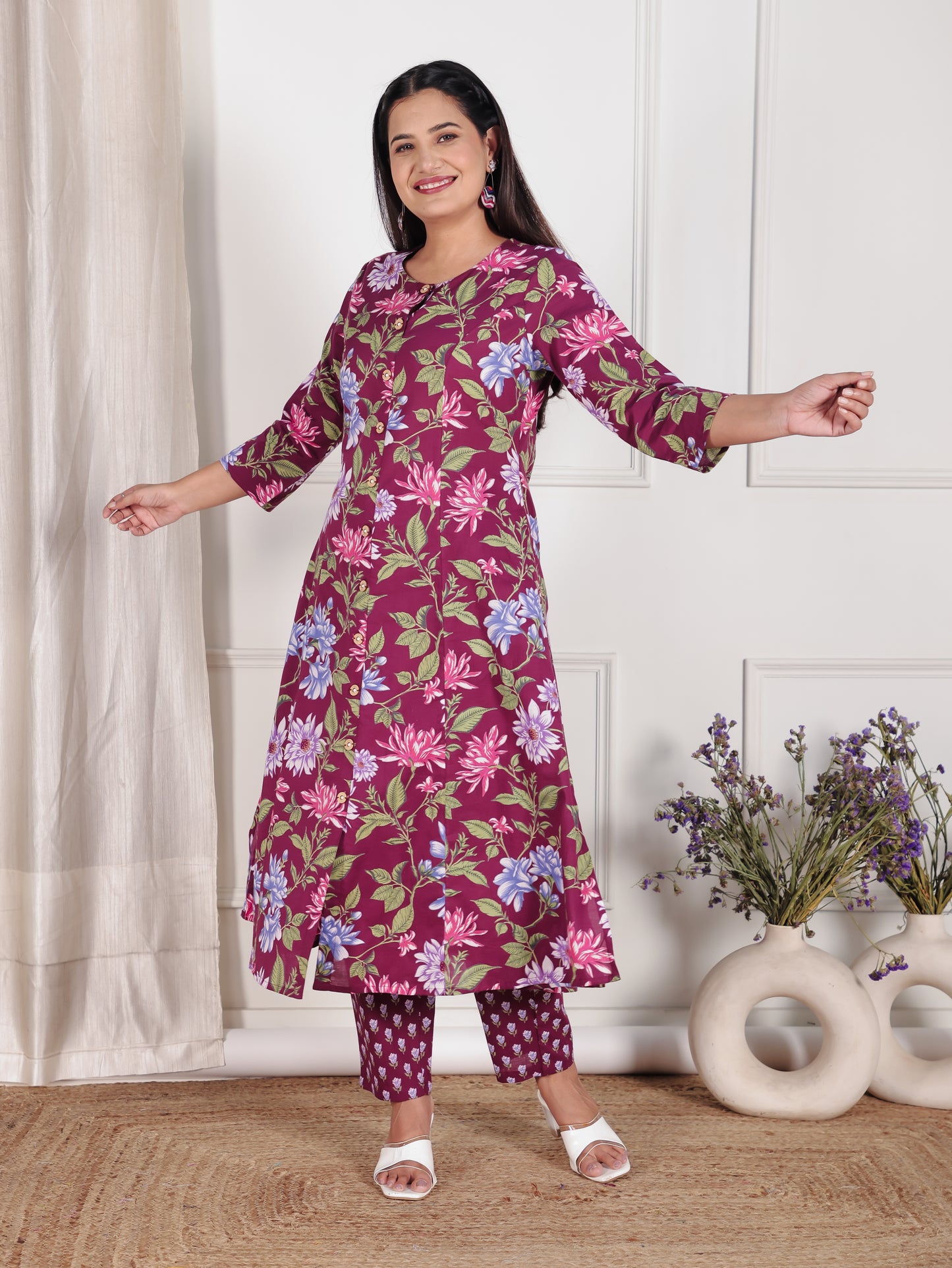 Soft Cotton Floral A-line Wine Kurta
