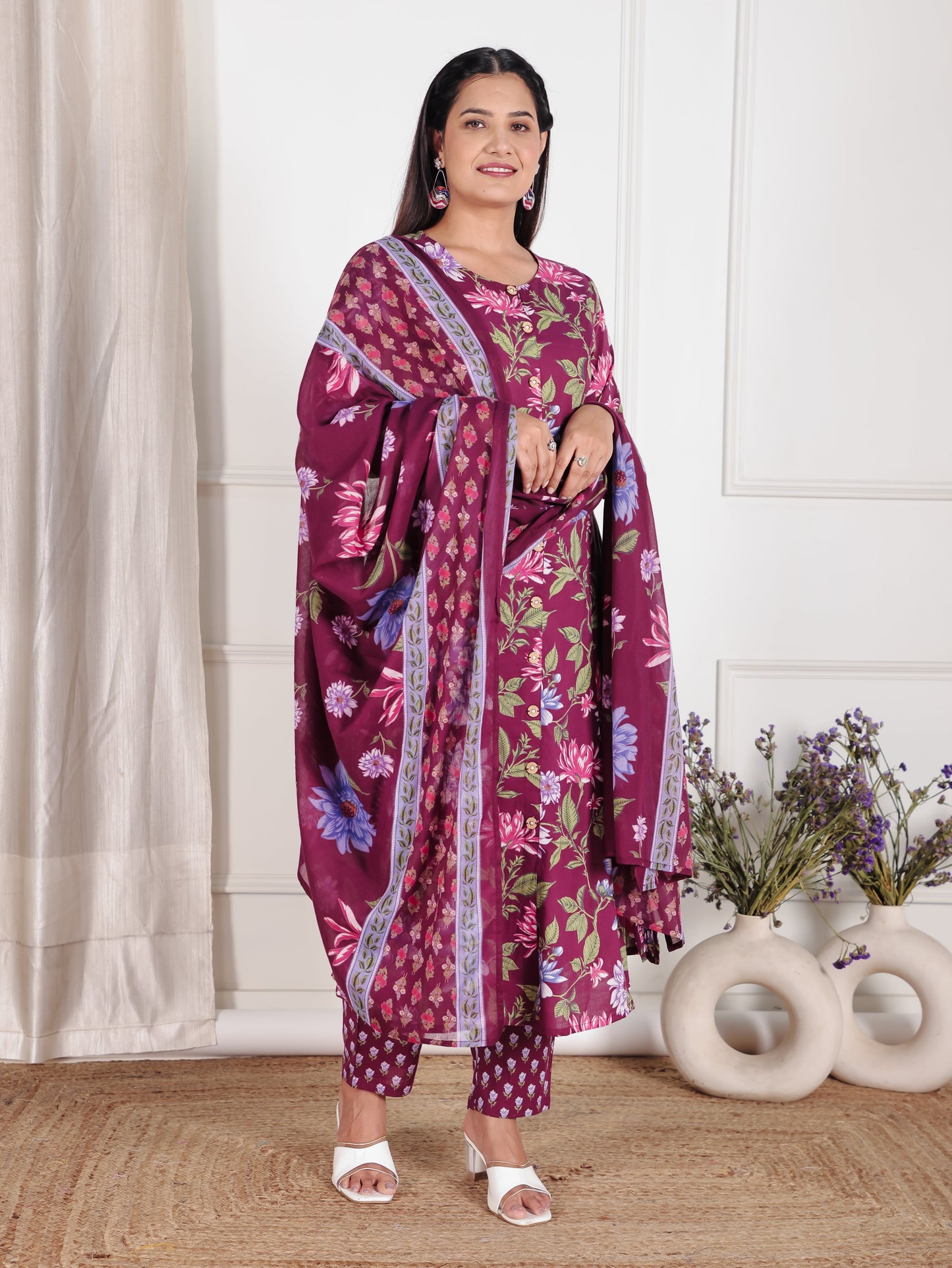 Soft Cotton Floral A-line Wine Kurta