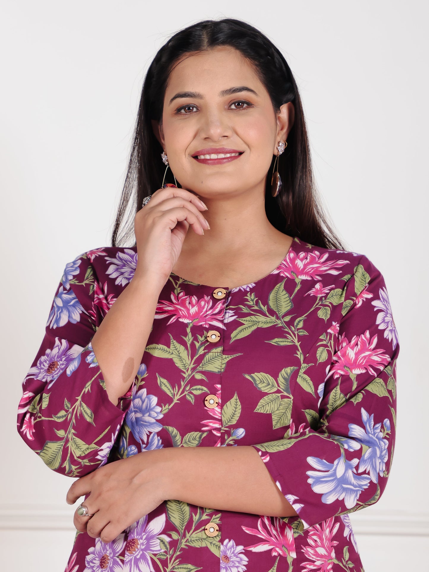 Soft Cotton Floral A-line Wine Kurta