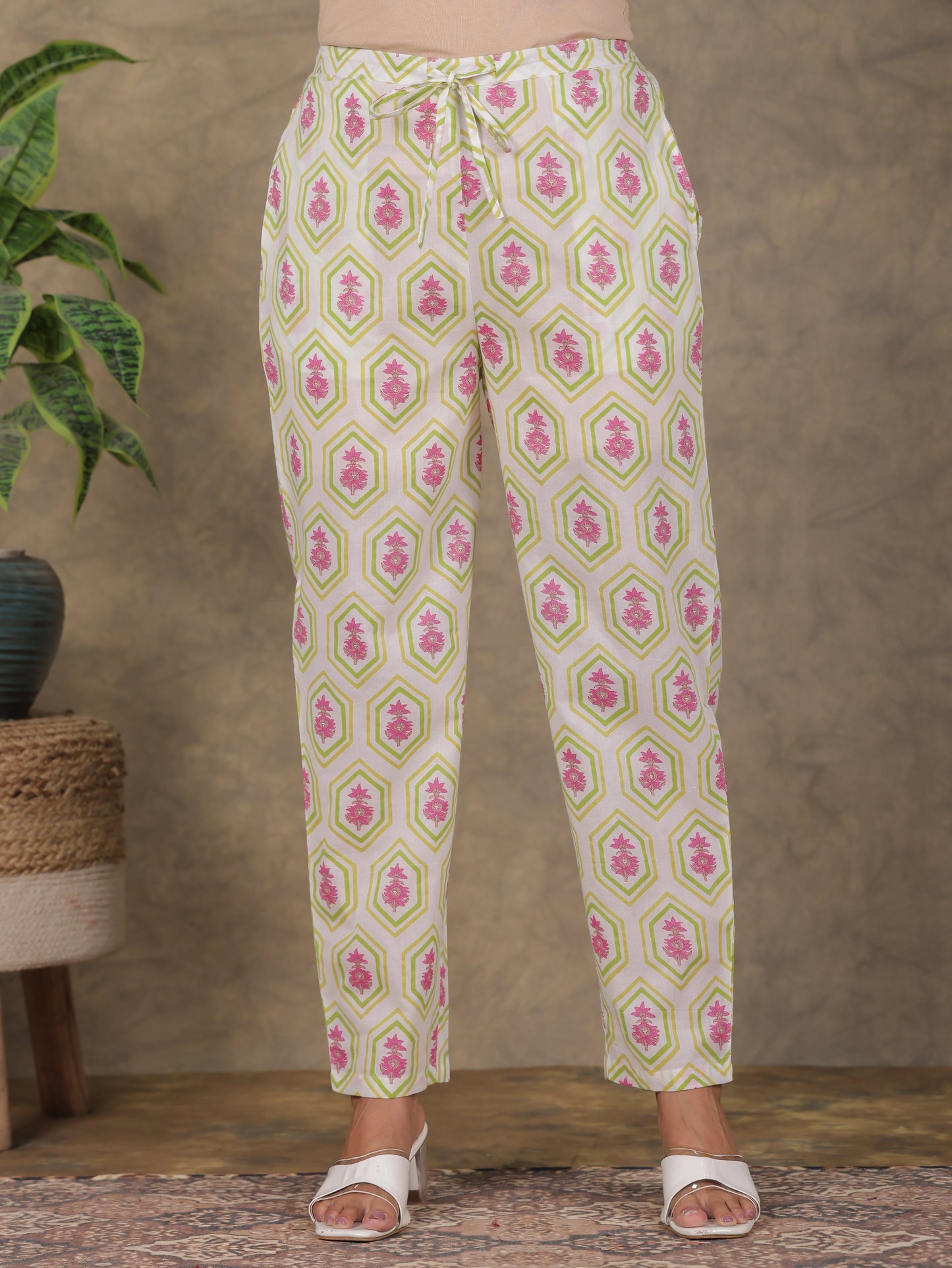 Soft Cotton Floral White Tapered Trousers