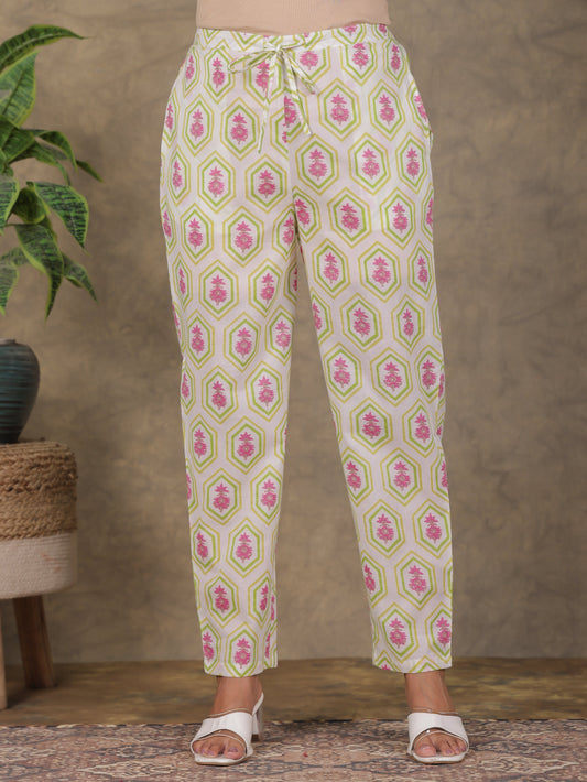 Soft Cotton Floral White Tapered Trousers