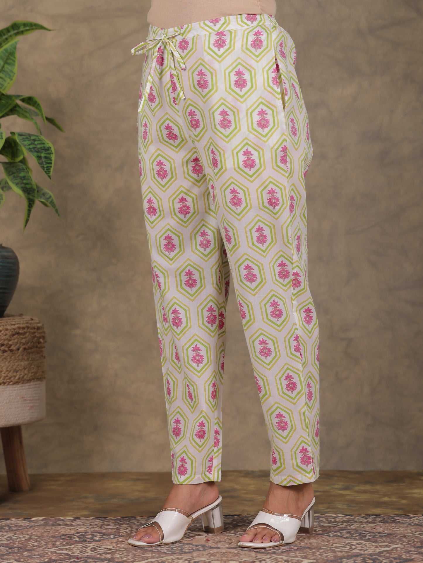 Soft Cotton Floral White Tapered Trousers