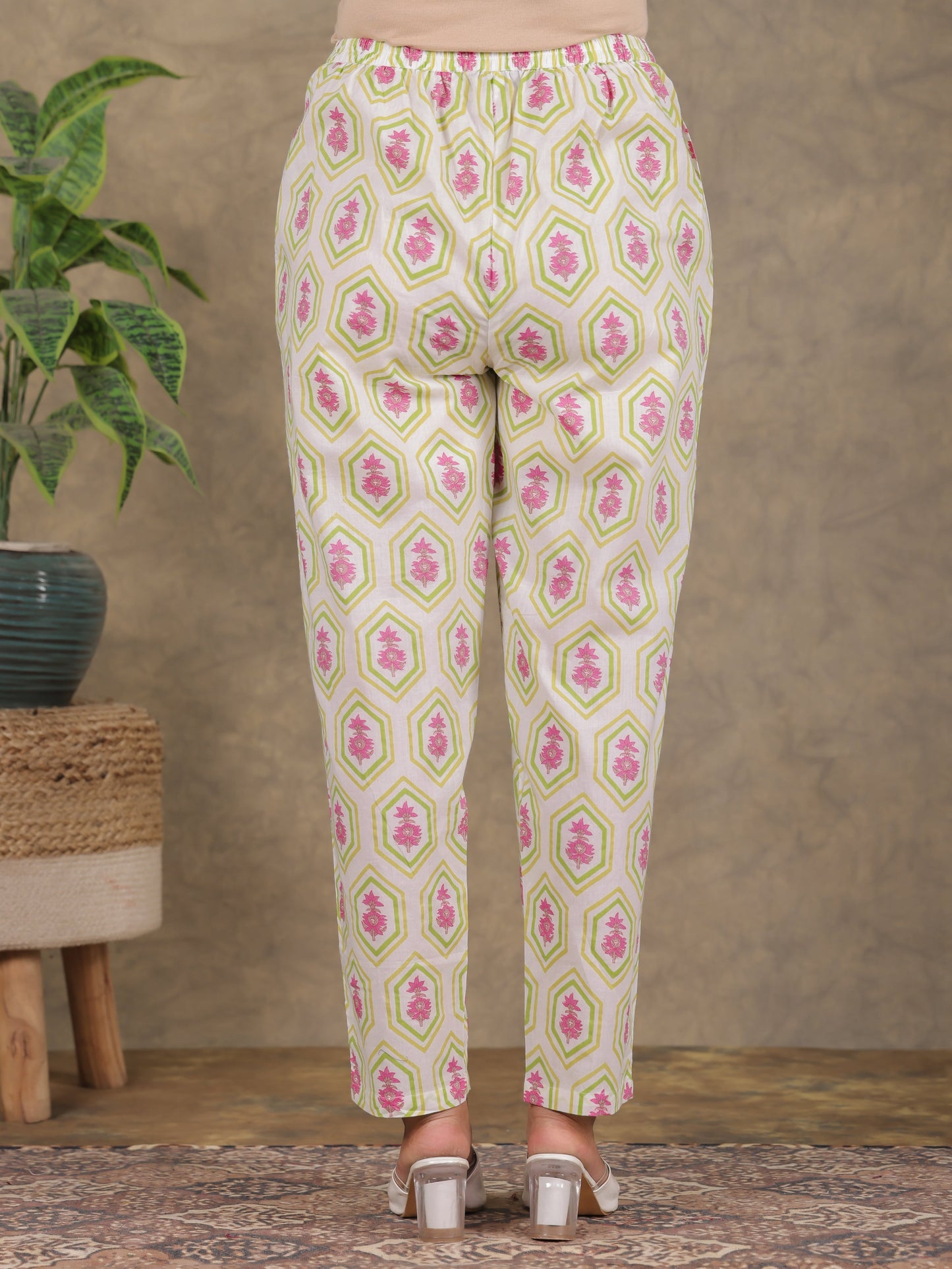 Soft Cotton Floral White Tapered Trousers