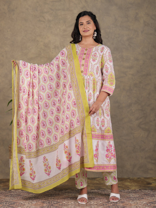 Kota Doria Floral White Dupatta