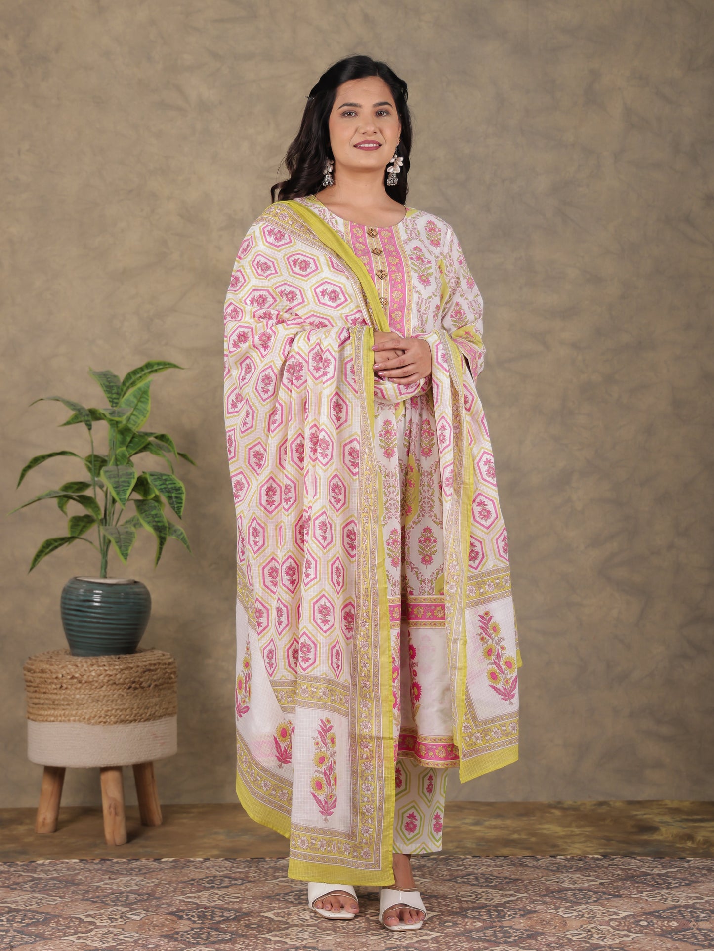 Kota Doria Floral White Dupatta