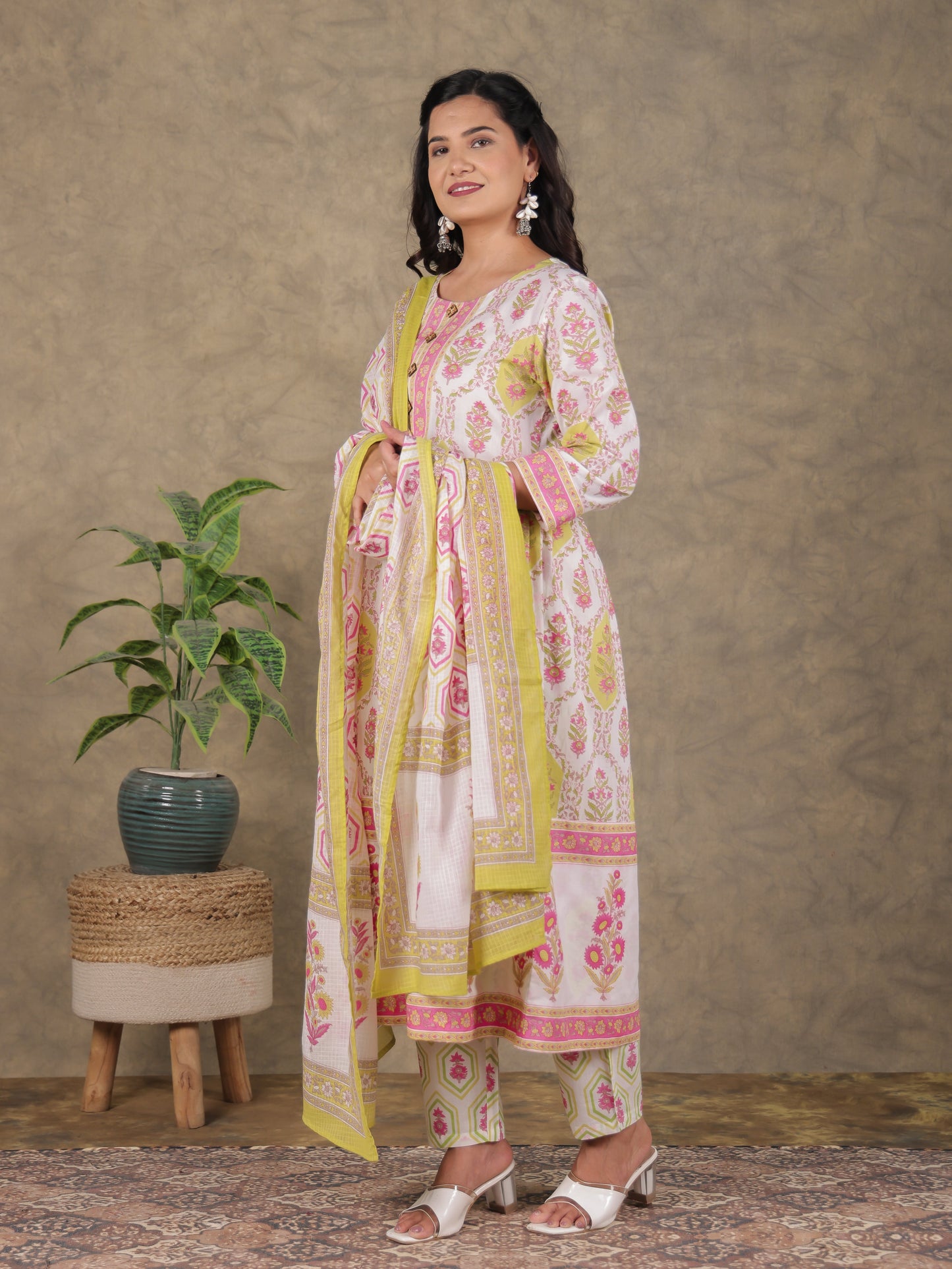 Soft Cotton Floral A-line White Kurta