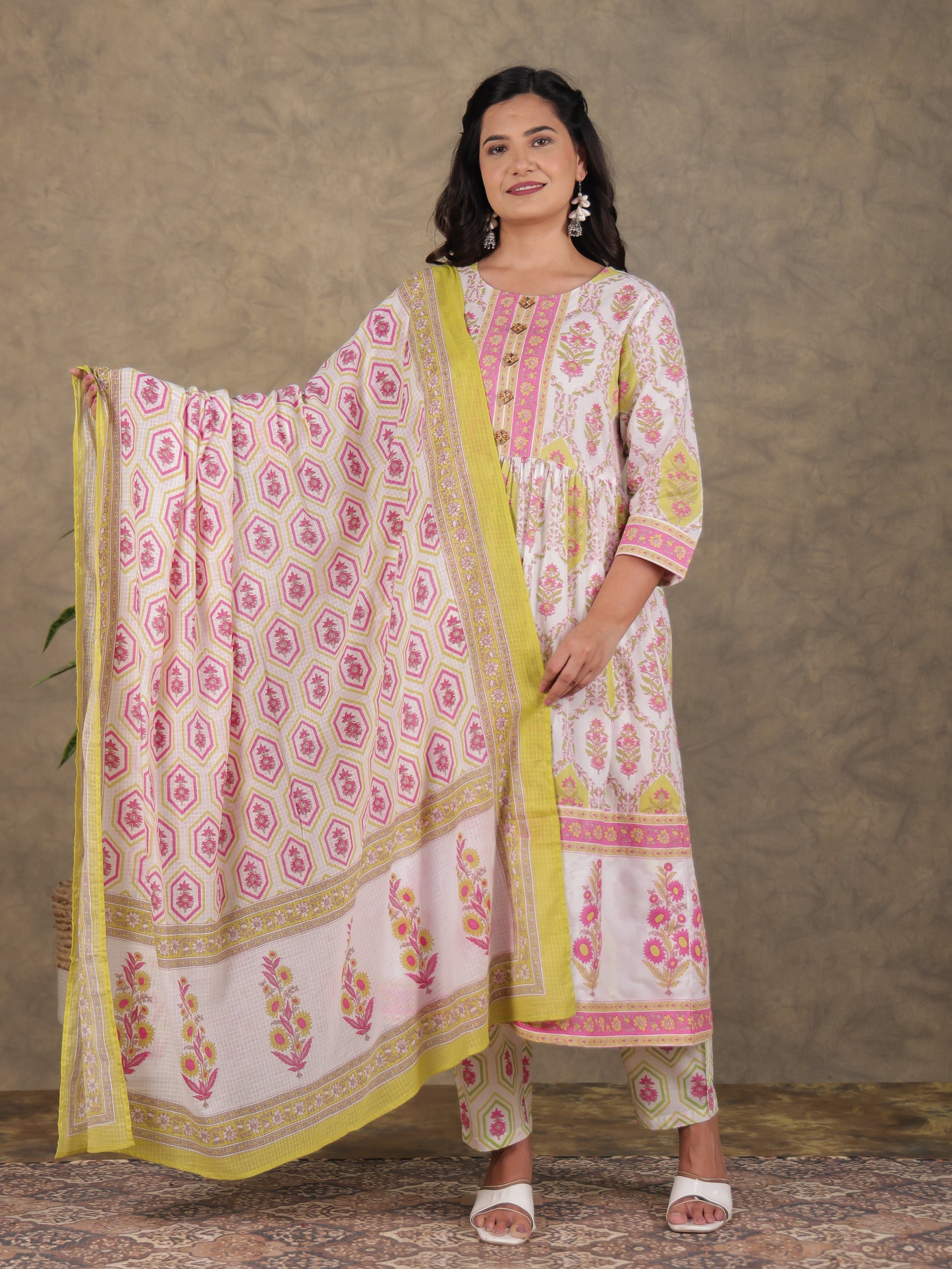 Soft Cotton Floral A-line White Kurta