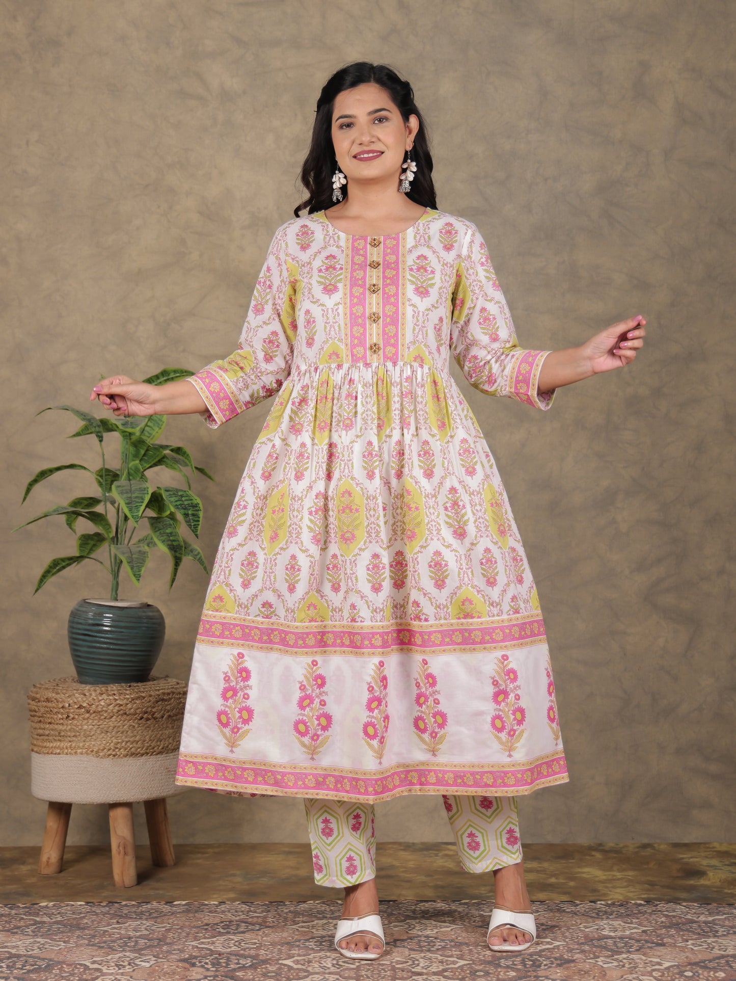 Soft Cotton Floral A-line White Kurta