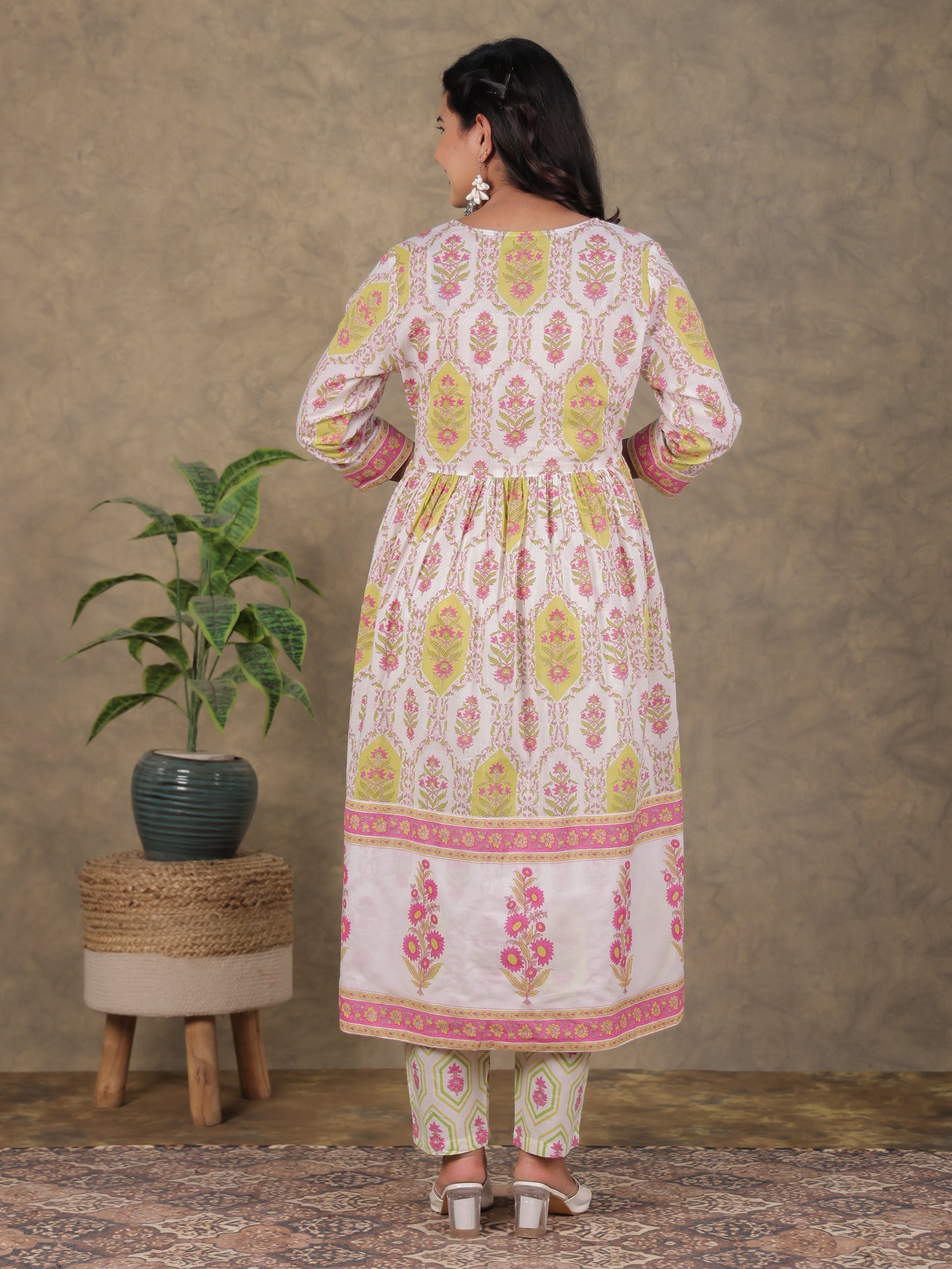 Soft Cotton Floral A-line White Kurta
