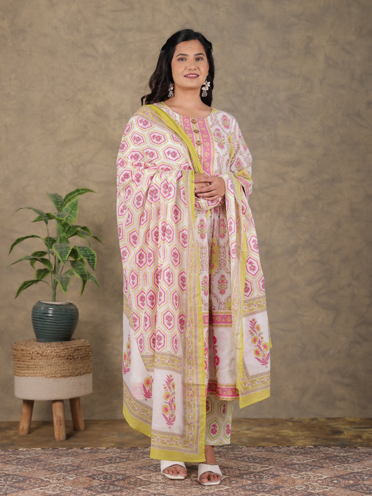 Soft Cotton Floral A-line White Kurta