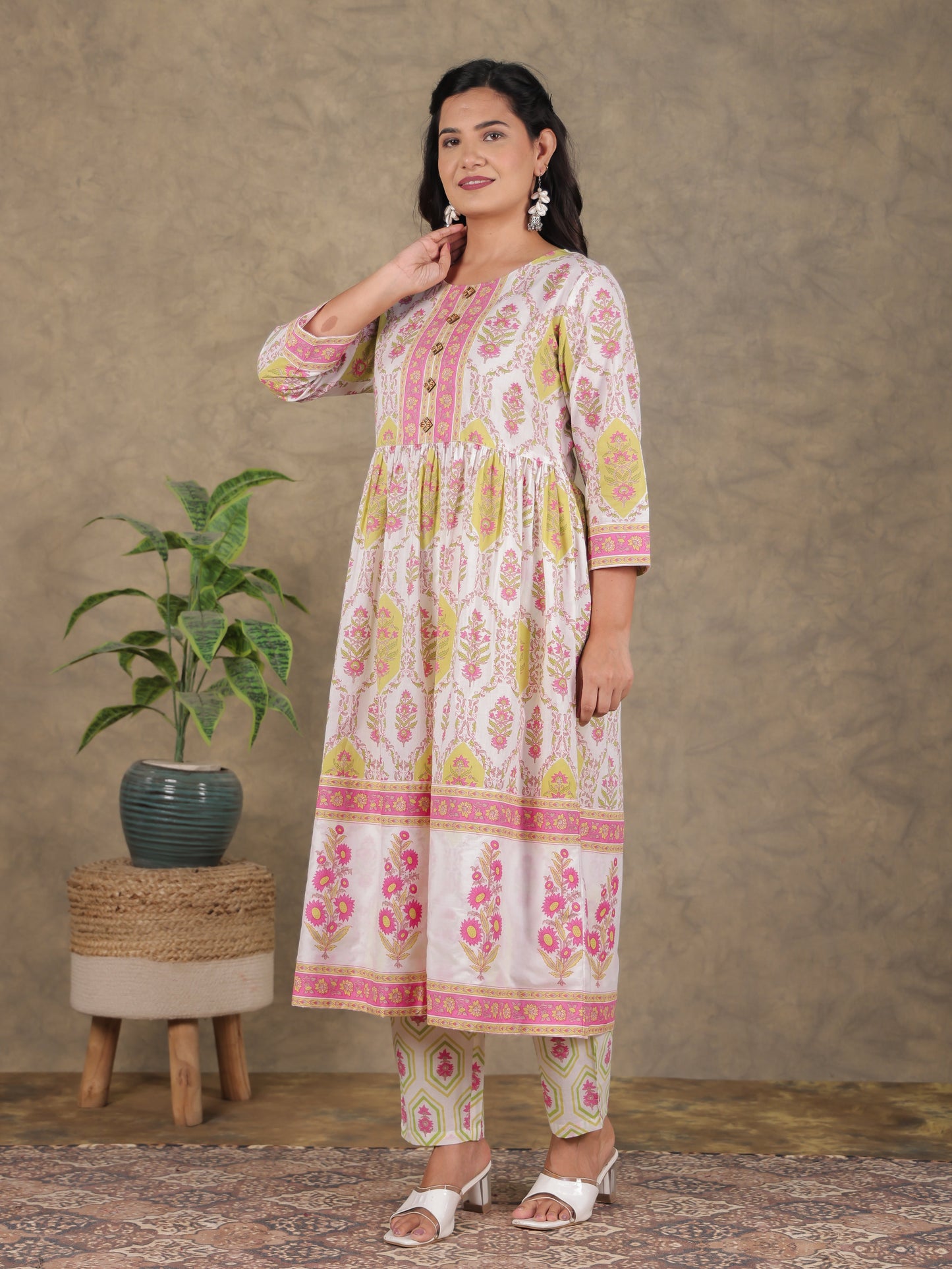Soft Cotton Floral A-line White Kurta
