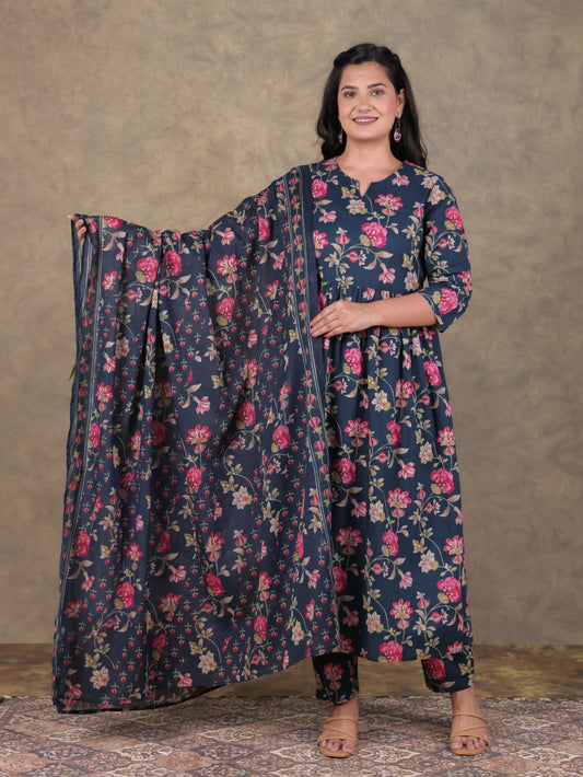 Cotton Voile Floral Blue Dupatta