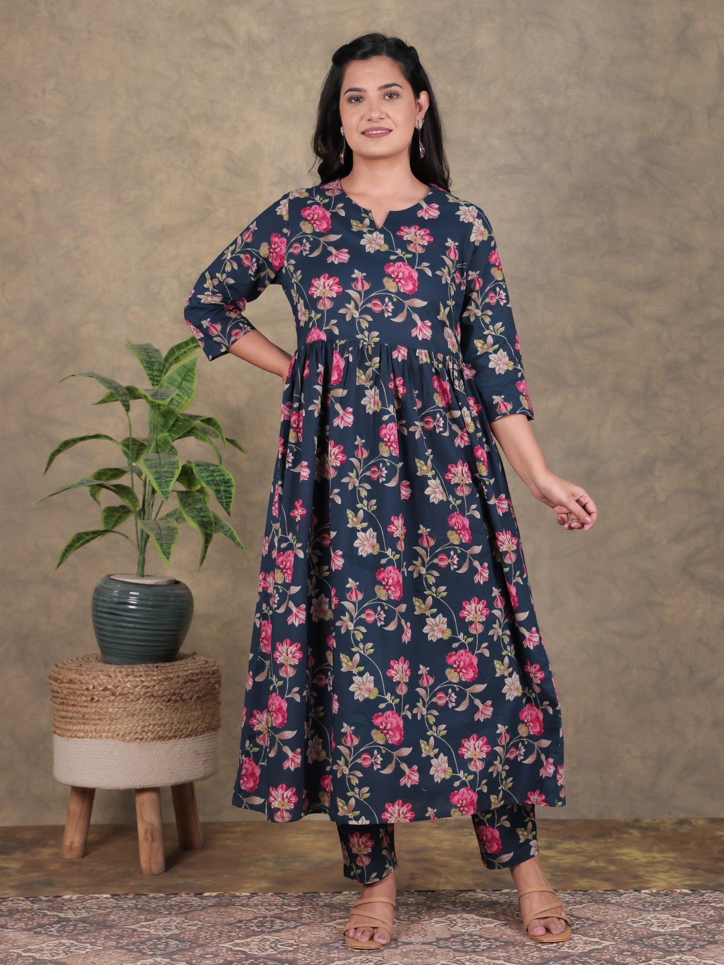 Soft Cotton Floral A-line Blue Kurta
