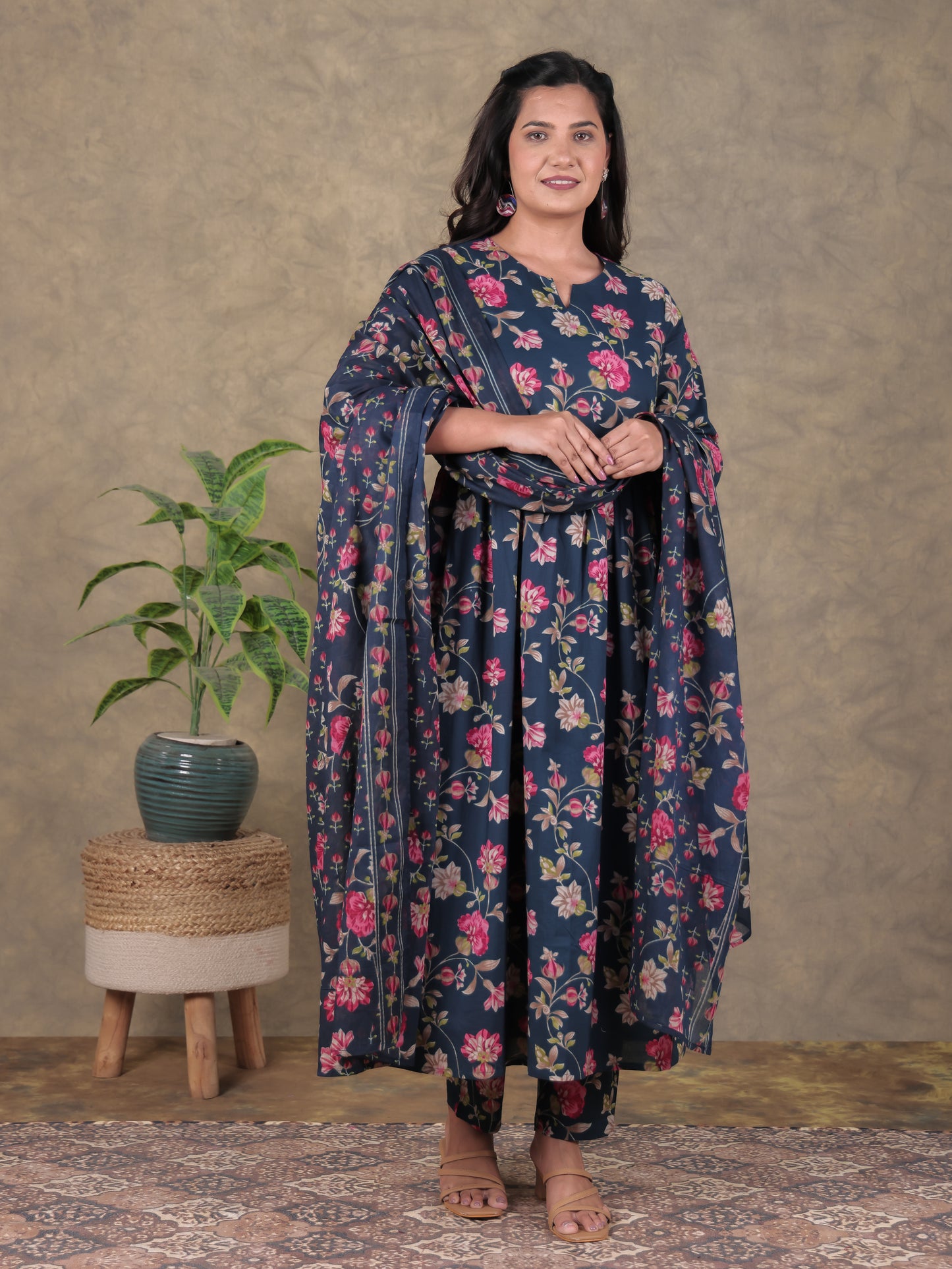Soft Cotton Floral A-line Blue Kurta