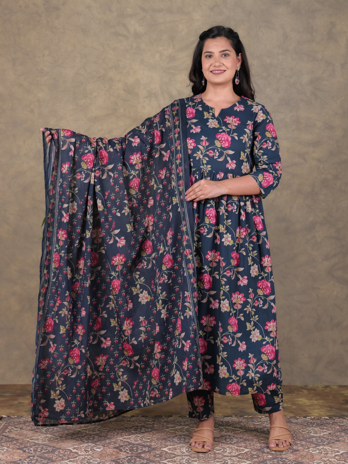 Soft Cotton Floral A-line Blue Kurta