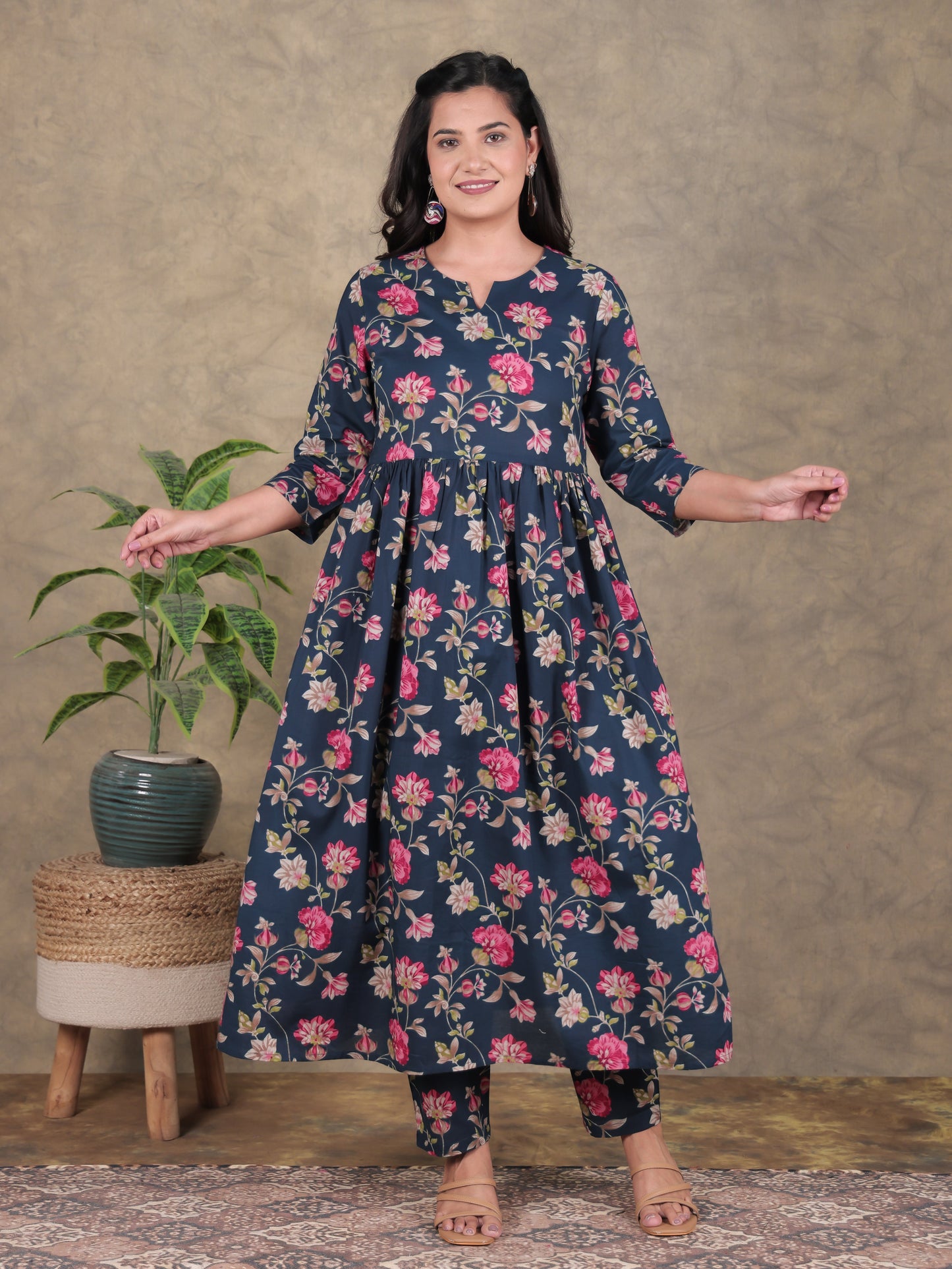 Soft Cotton Floral A-line Blue Kurta