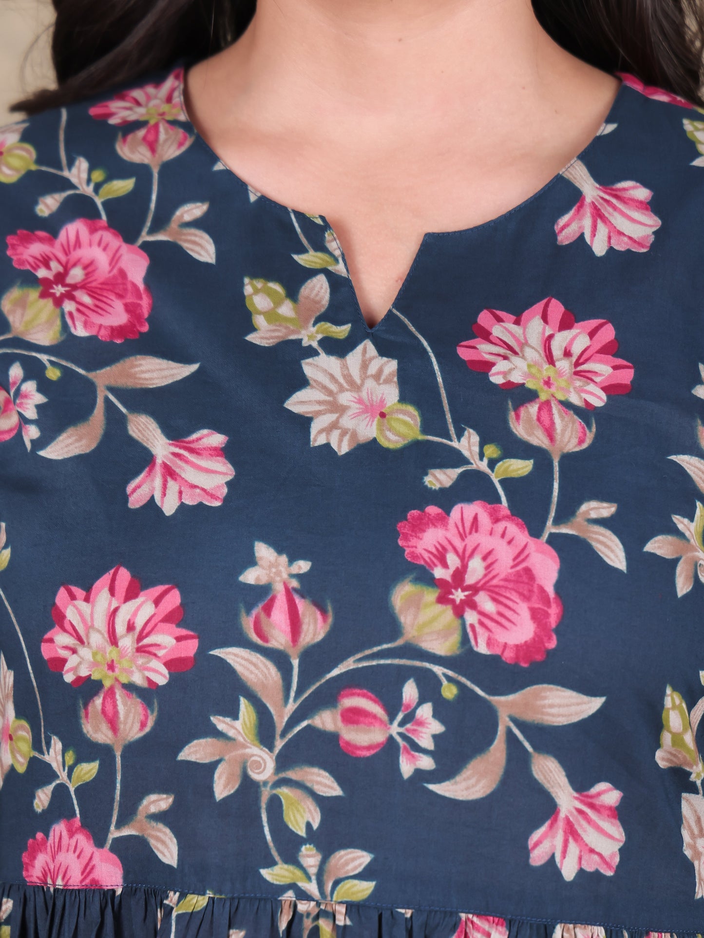 Soft Cotton Floral A-line Blue Kurta